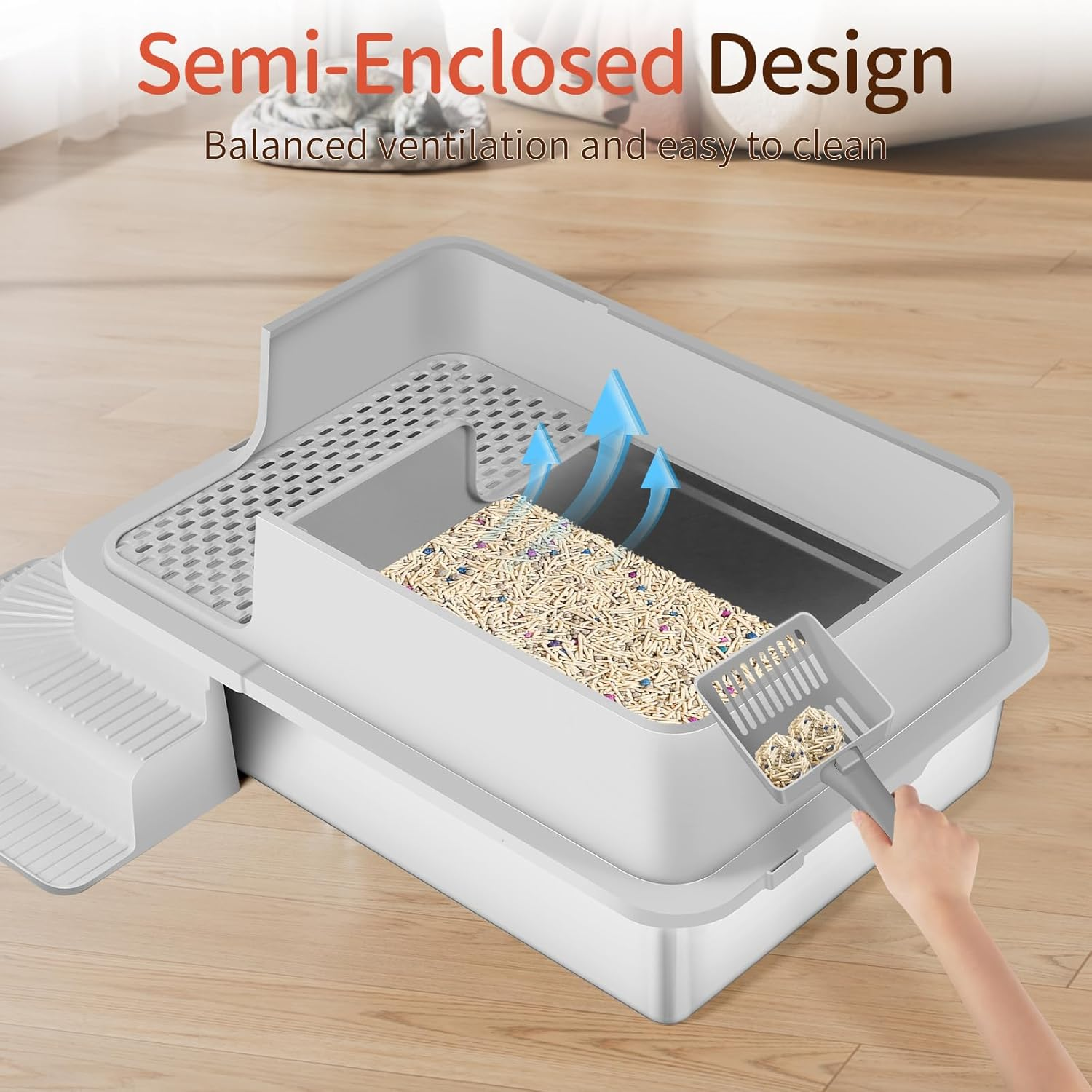 Bartuke XXXL Stainless Steel Litter Box, 70 X 50 X 30Cm Extra Large Semi Enclosed High Sided Metal Cat Litter Box with Filtered Grid, Step, Scoop, Non-Sticky, Non-Odor, Easy Cleaning (Light Gray) - Semi Enclosed-Black image number 7