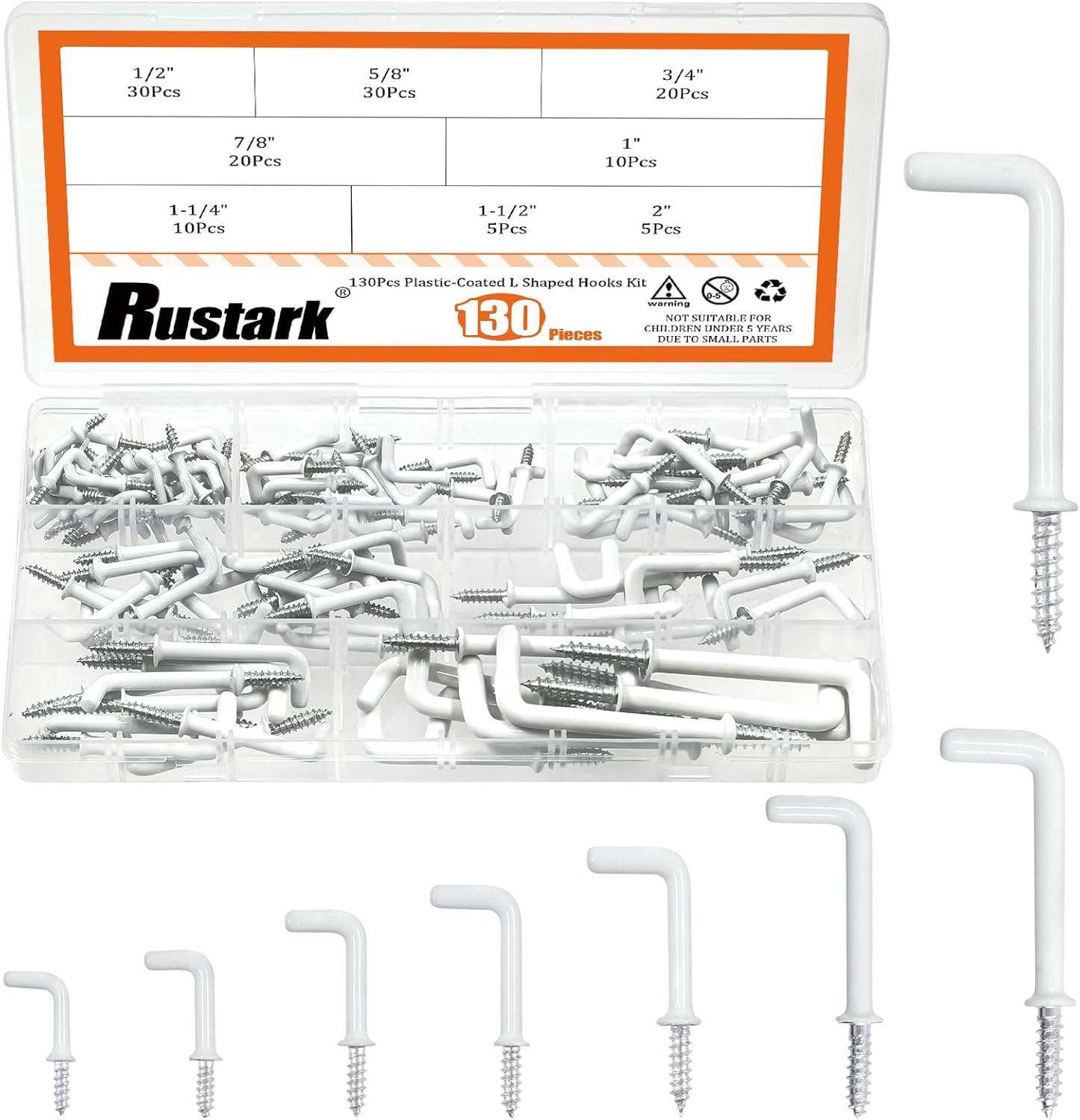 Rustark 130Pcs 8 Sizes Black L Shape Hooks Assortment Kit Vinyl Coated 7 Shape Screw Hooks Cup Right Angle L Type Self Tapping Screw Hooks for Home Office Workplace Hanging