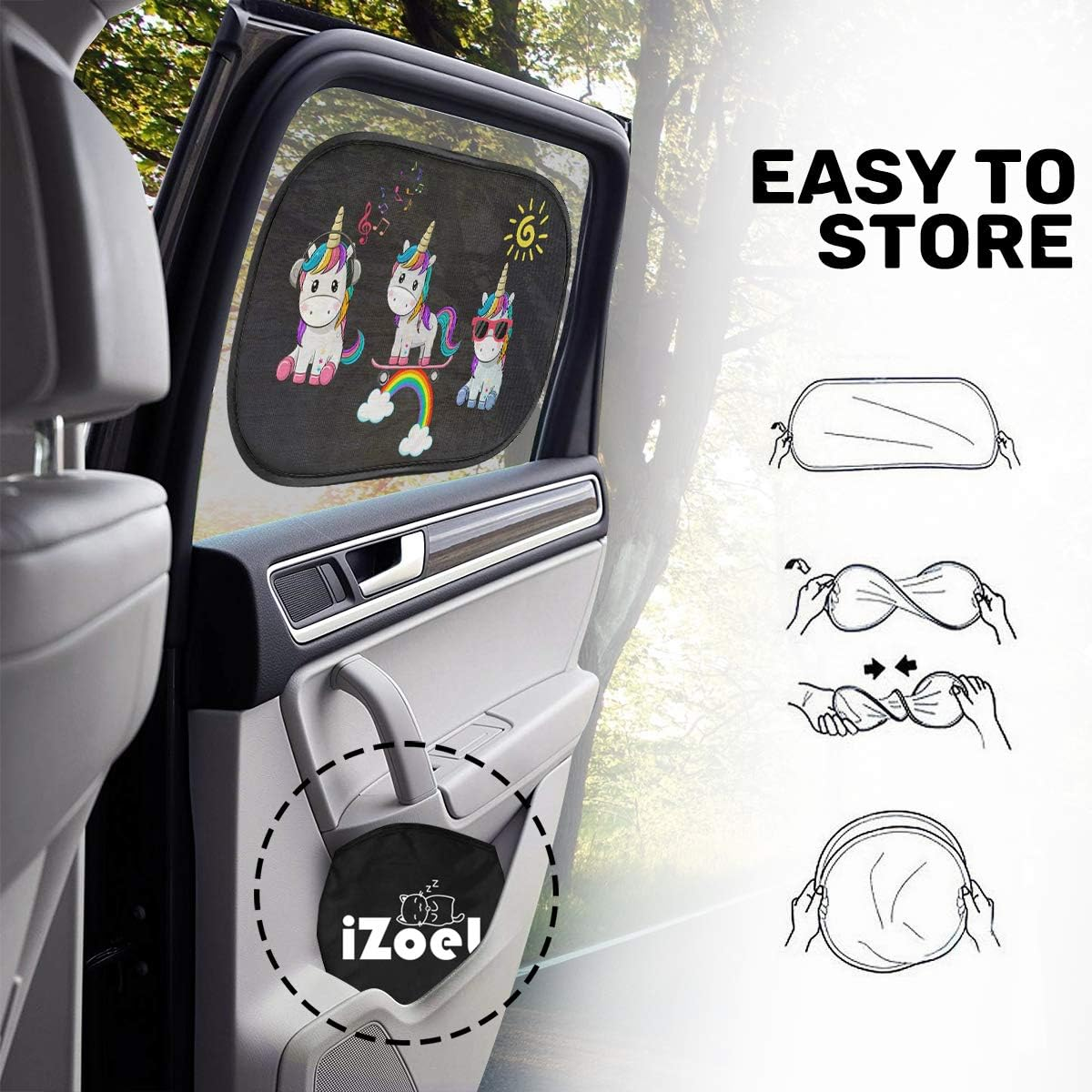 Izoel Car Sun Shade for Baby Kids 2 Pack Static Cling Side Window Car 80GSM Rear Sunshades Universal with 8 Suction Cups and Storage Bag - Sun Glare and UV Rays Protection (Unicorn) - Black image number 2