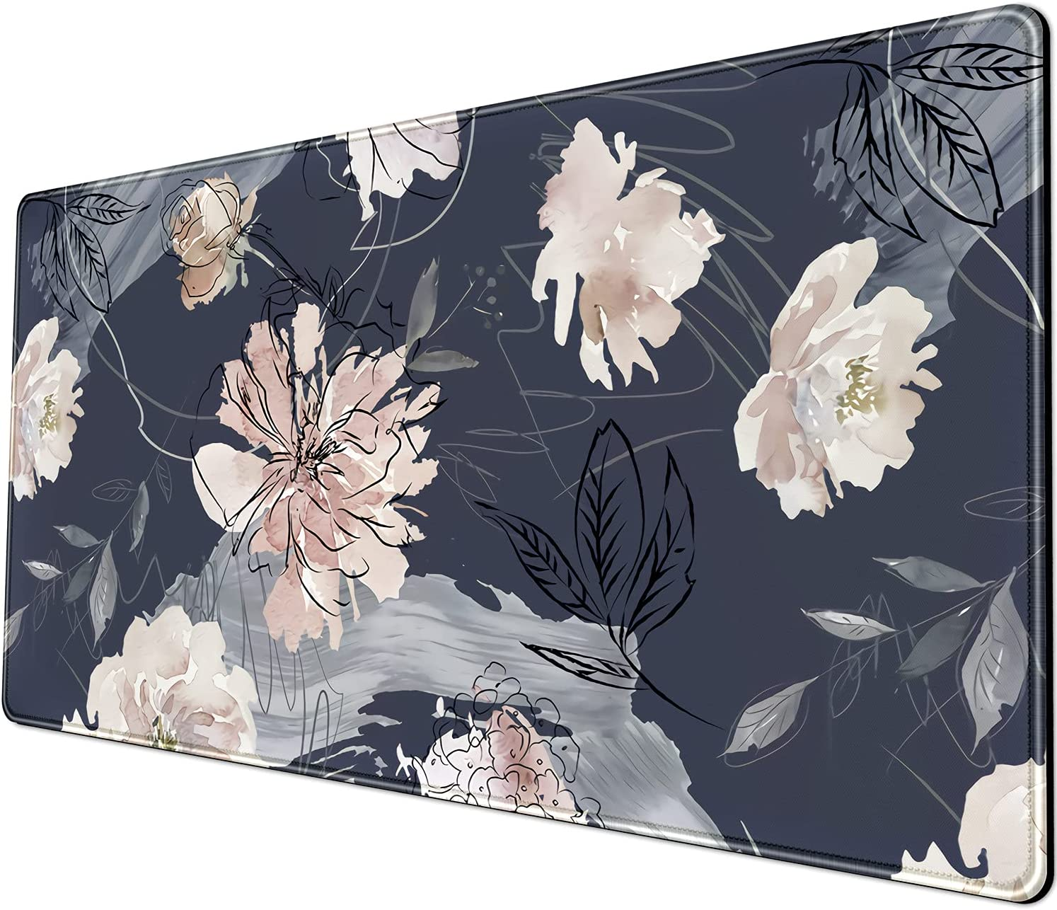 XL Mouse Pad Gaming Mouse Pad (31.5X15.7 In), Large Non-Slip Base Mousepad with Stitched Edges, Waterproof Keyboard Mouse Mat Desk Pad for Work Blue and Grey Pink White Peony &hellip;