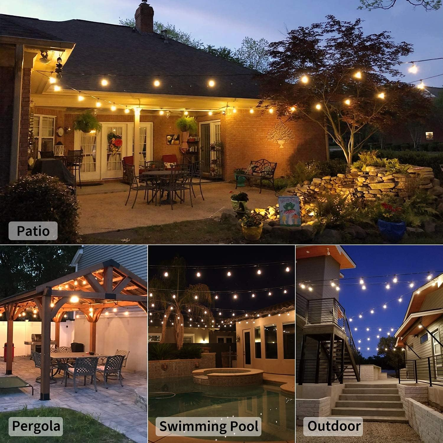 Solar String Lights - 48 Ft S14 LED Outdoor IP65 Commercial Grade Heavy Duty Festoon String Light 15 Hanging Sockets with 15 S14 2W LED Glass Bulb Warm White for Party Patio Garden image number 6