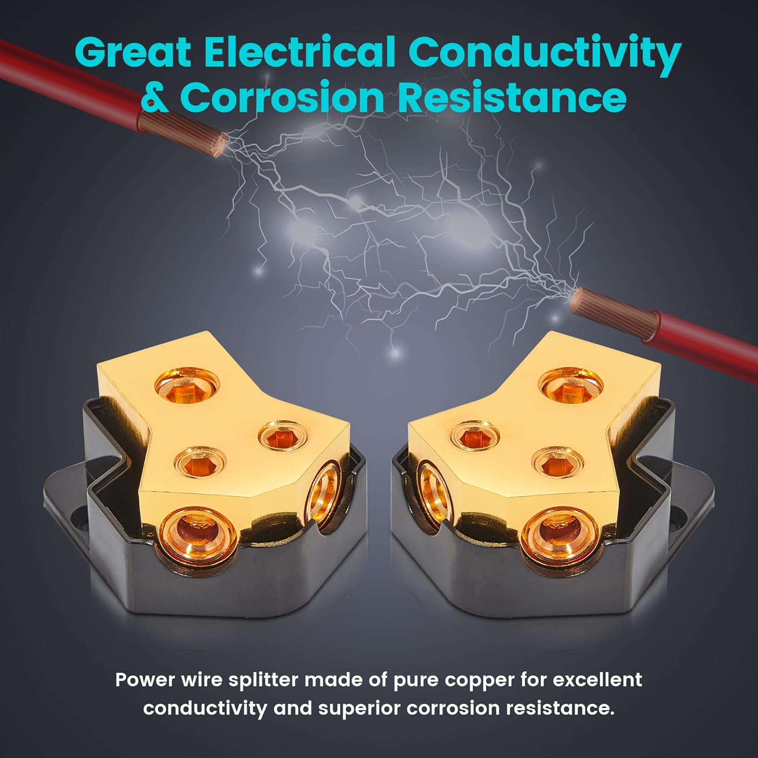 Nuith 2PCS 2-Way Copper Power Distribution Block, 0/2/4 Gauge in 4/8 Gauge Out Auto Car Audio Distribution Connecting Block, 2 Way Ground Distribution Block Copper for Audio Amplifier Splitter image number 3