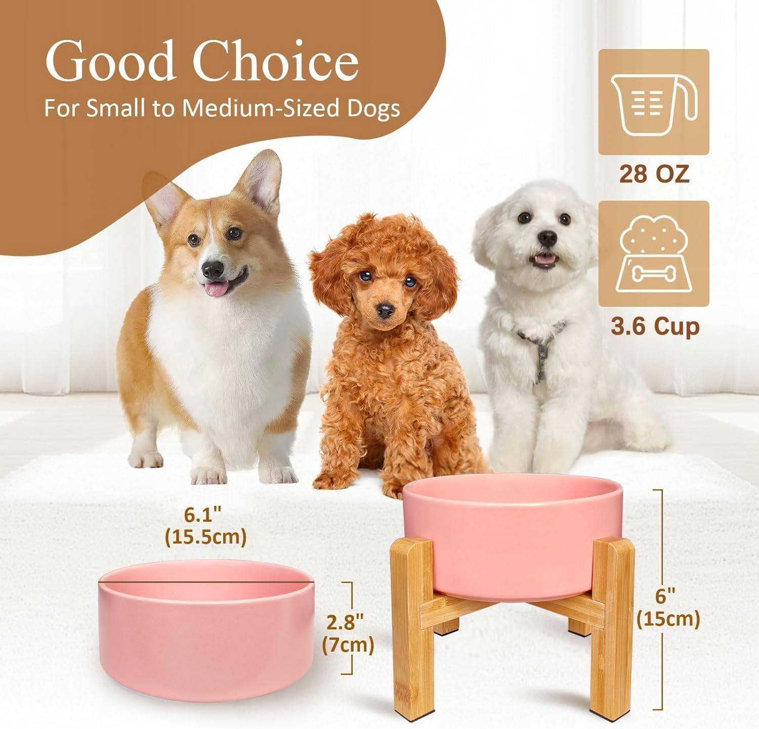 Elevated Ceramic Dog Bowl - PRENDIEEN Raised Dog Bowls with Non-Slip Bamboo Stand - Dog Food and Water Bowl - Dog Feeding Bowls - Suitable for Small and Medium Dogs - 28 OZ - 850 ML (Pink, Medium)