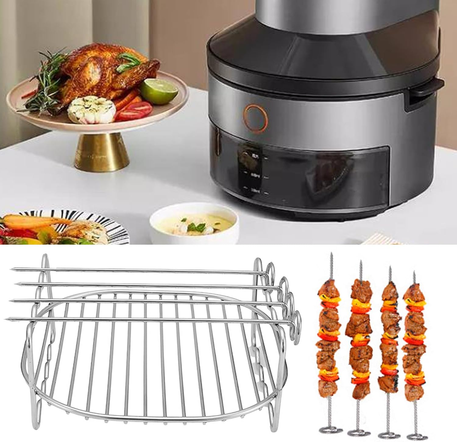 Air Fryer Rack Set - Stainless Steel Grilling Rack with Skewers for D-U-A-L Basket Air Fryer Accessories, Oven, Microwave - Airfryer Grill Stand for Roasting Cooking (6, 7, 8 Inches) image number 4