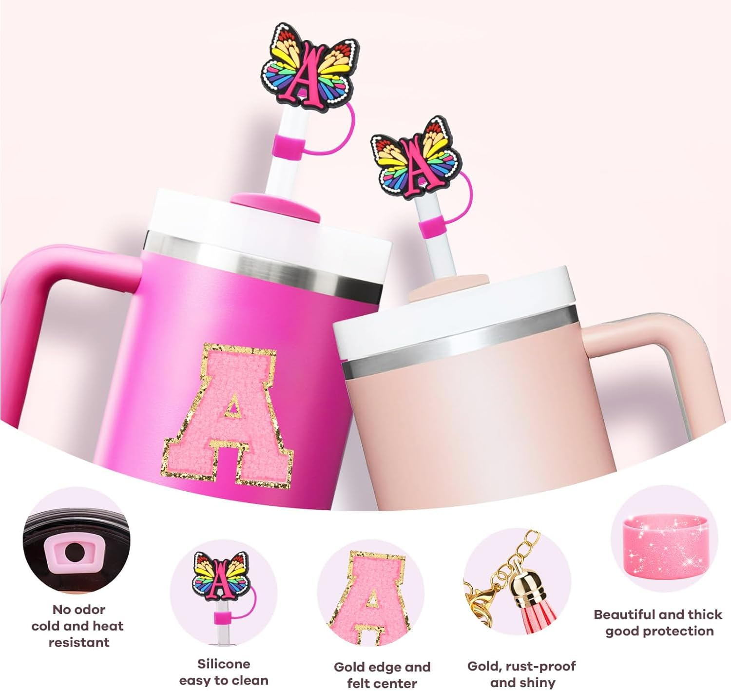 6PCS Cup Accessories Set for Stanley Cup 30Oz 40Oz,Tumbler Initials Decorations for Stanley,Including Silicone Straw Cover Cap and Boot,Spill Proof Stopper,Handle Charm,Sticker (Letter A) - Letter B image number 5