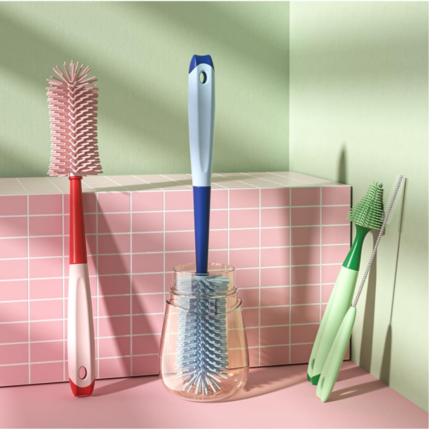 Bottle Brush 3 Pack - Silicone Baby Bottle Cleaner Brush Staw Cleaning Kitchen Wire Scrub Set for Washing, 12" Long Handle Water Sports Bottle Cleaner Vase, Glassware (Red) - 3-One-Red image number 2