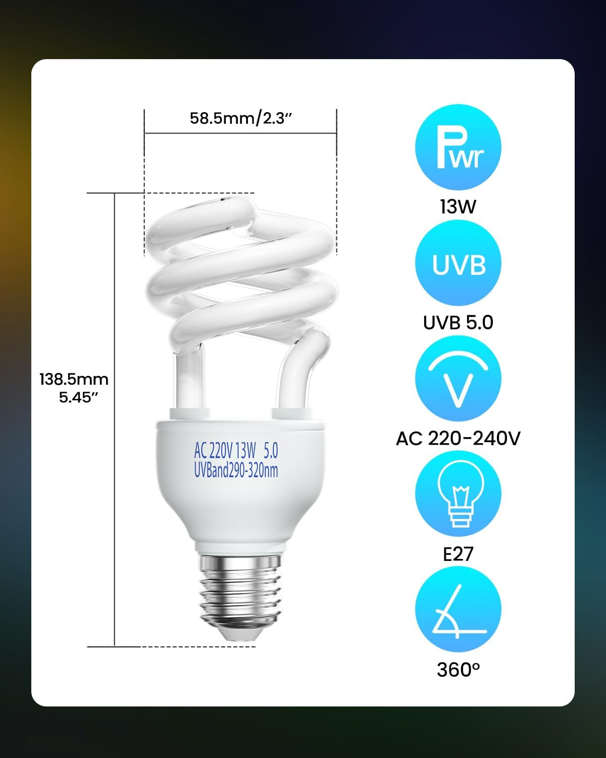 Doright 5.0 13 W UVB Lamp, E27 Reptile Compact UVA UVB Lamp Terrarium, AC 220-240 V Animals Fluorescent Lamp for Lizard Chameleon Leopard Gecko Vivarium Turtle Tank Pack of 1 image number 6