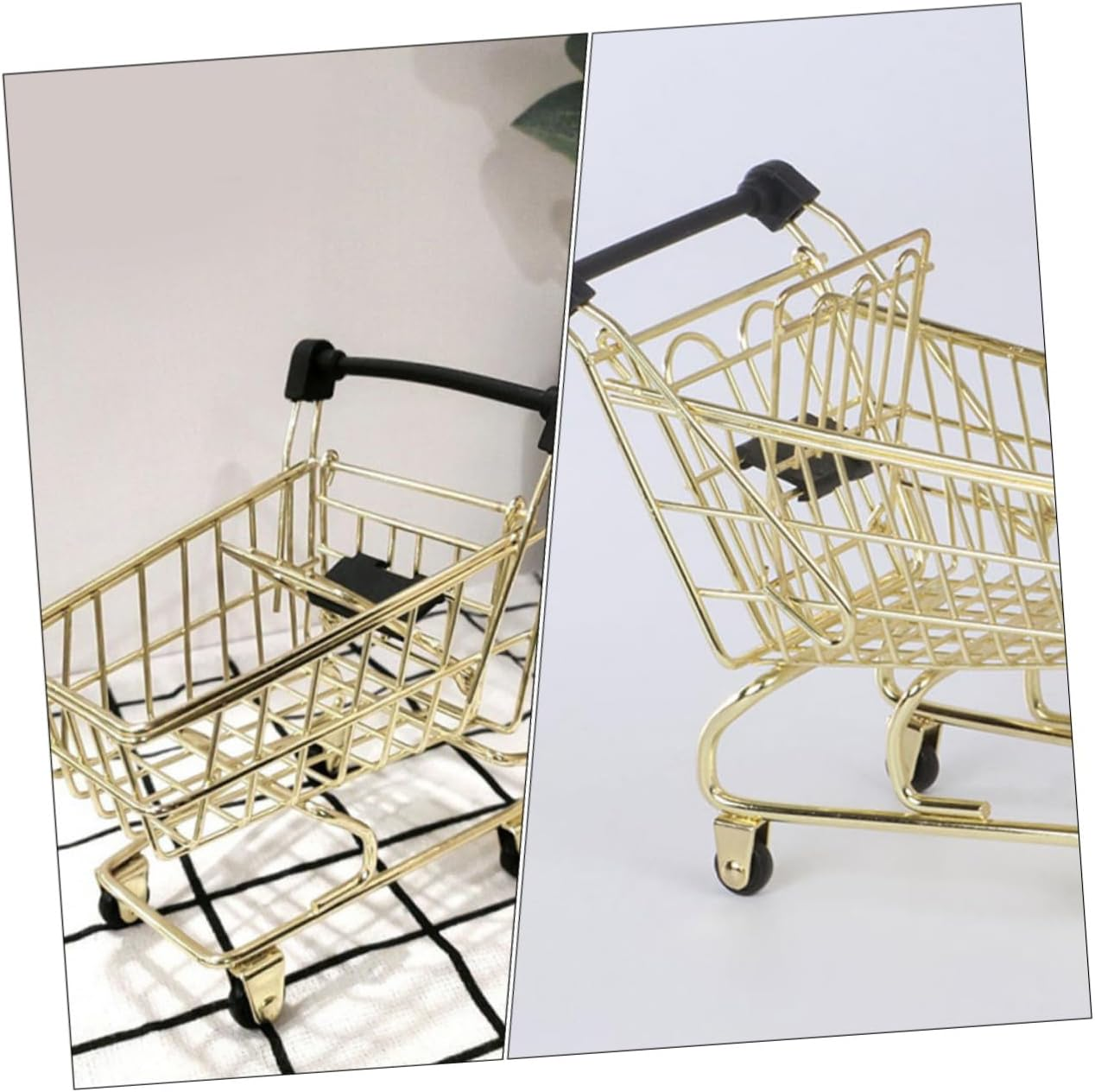 Yardwe Mini Metal Shopping Cart Storage Basket, Home Office Sundries Organizer, Gold Decorative Trolley Basket for Small Item Storage image number 2