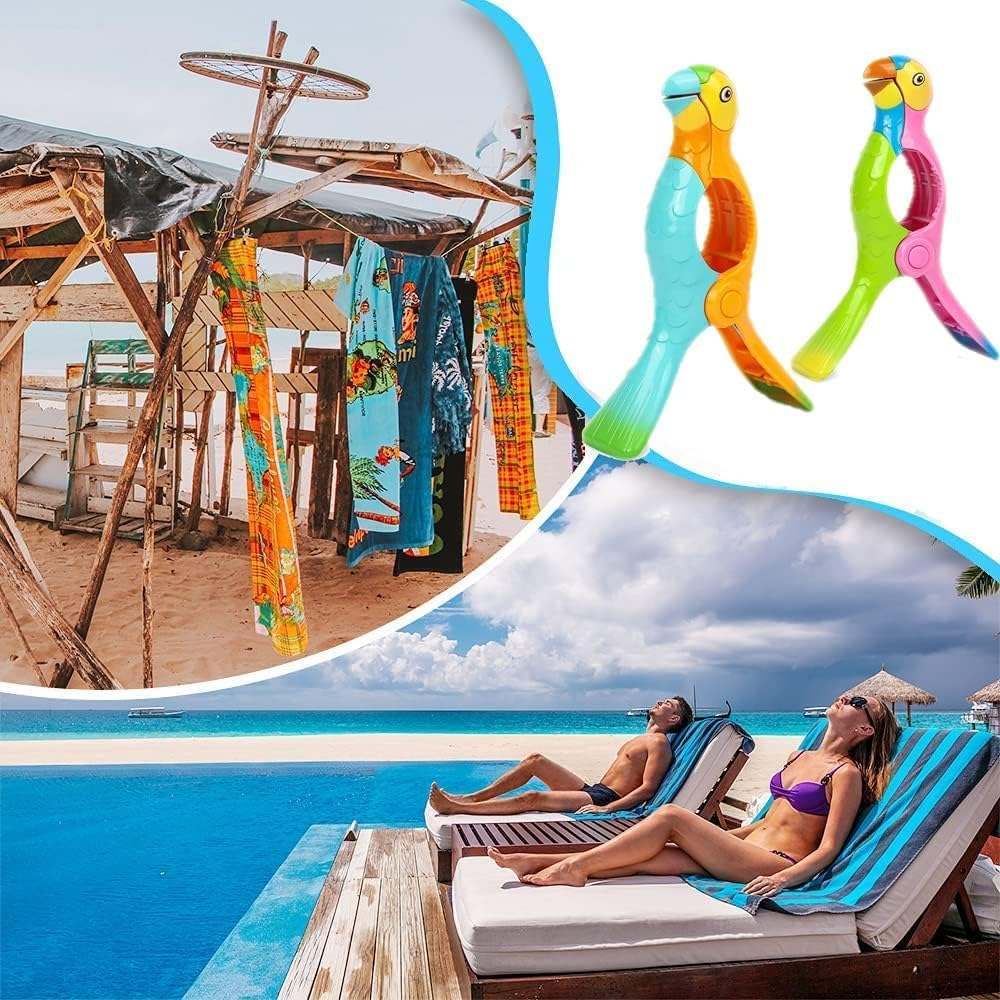 4 Pcs Beach Towel Clips, Lounge Chairs Clips, Parrot Towel Clips for Beach Chairs, Strong Towel Clips for Keep Your Cloth or Towel from Blowing for Cruise, Beach, Patio, Pool
