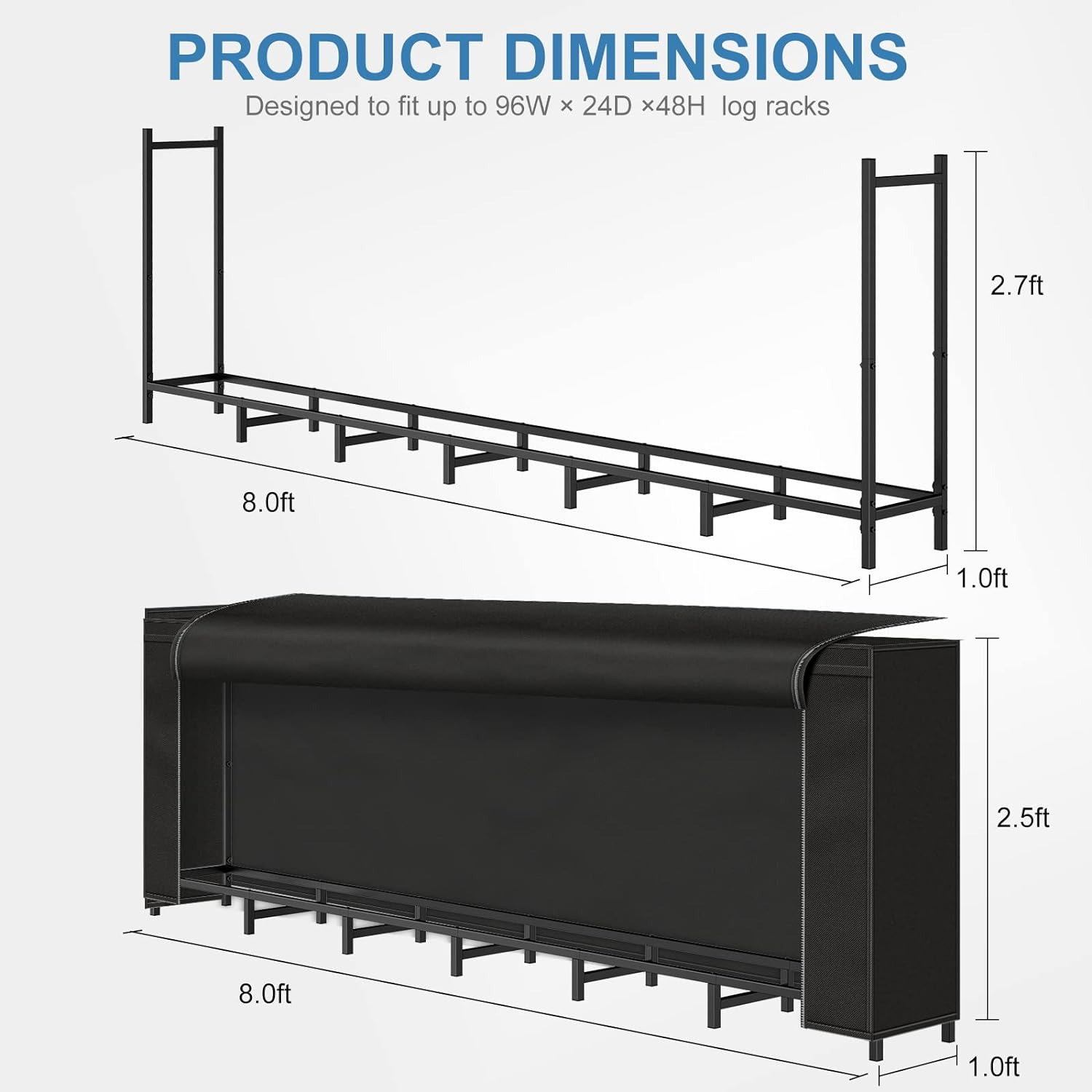 NANANARDOSO 8Ft Firewood Rack with Cover, Heavy Duty Steel Construction, Weather Resistant, Adjustable Log Stacker Stand, Large Capacity, Waterproof for Wood Storage image number 5