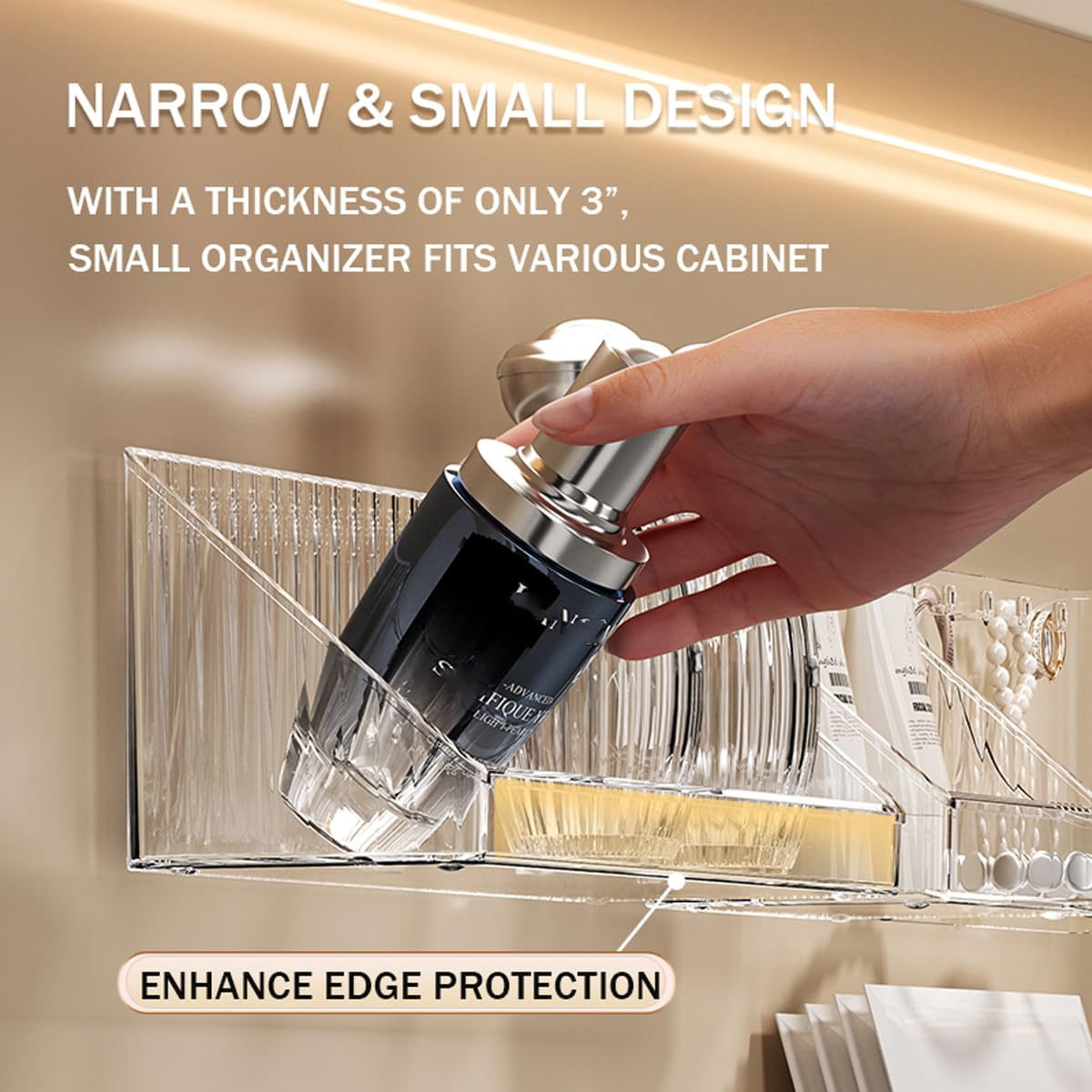 MORNITE 3 Pcs Medicine Cabinet Tray Organizer, Small Adhesive Bathroom Vanity Floating Shelves Storage for Toilet, Mirror Cabinet, Wall, Countertop, Clear image number 1