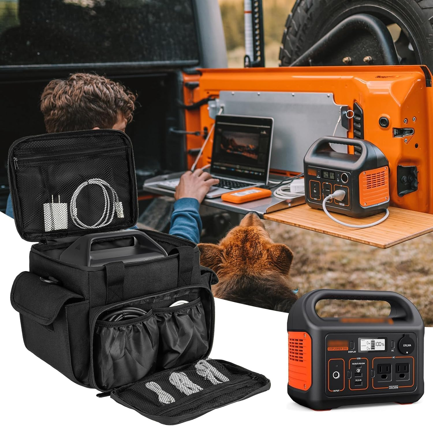 Carrying Case Compatible with Jackery Explorer 240/300/160/GOLABS R300/Anker 521 Portable Power Station,Waterproof Travel Storage Bag with Multiple Pockets for Charging Cable and Accessories(Bag Only) image number 4