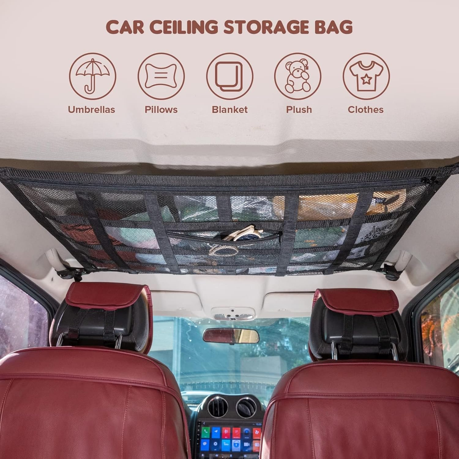 Car Ceiling Cargo Net Pocket, 21.6'' X 31.5'' Double Layer Mesh and Strengthen Load Bearing Car Roof Storage Organizer, for SUV, Trucks, Camping, Road Trip Essentials image number 6