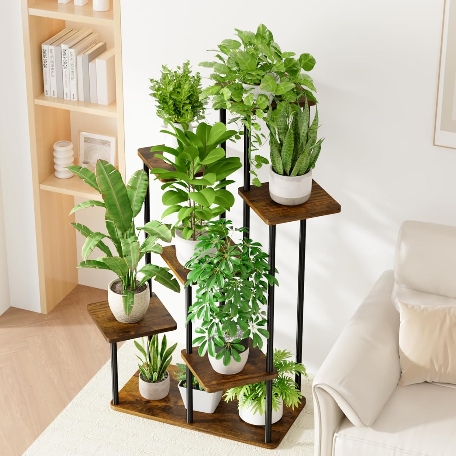 Bamworld Large Plant Stand Indoor Outdoor, Tall Metal Pot Plant Shelf Stand for Multiple Plants, 7 Tier Tiered Flower Garden Accessories Stand for Patio Balcony Living Room Bedroom(Brown)