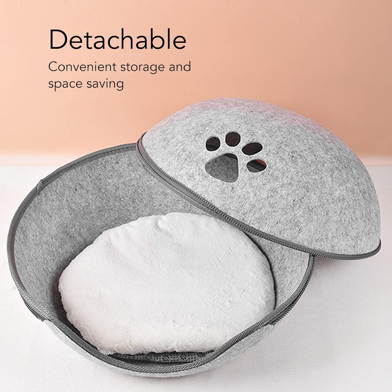 Felt Cat Bed Cave,Cat Cave Bed Detachable Washable Semi Enclosed Felt Kitten Hideout Bed with Cushion for All Seasons image number 5