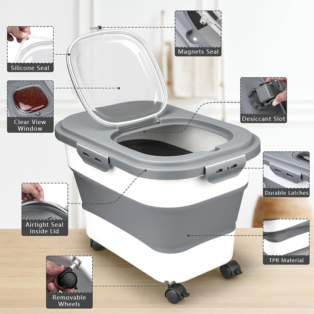 Dog Food Storage Container 15Kg, Airtight Pet Food Storage Containers with Wheels & Removable Sealed Lid, Collapsible Cat Food Containers image number 1