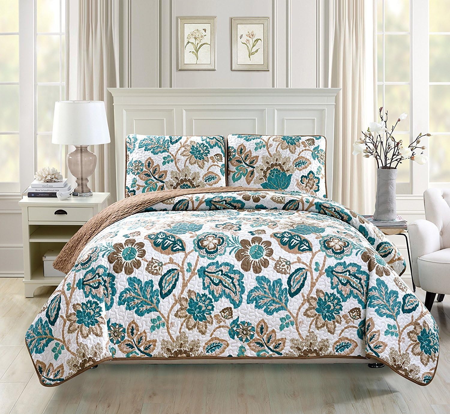 (King/California King) - Fancy Collection 3 Pc King/California King over Size Quilted Bedspread Set Aqua Turquoise Coastal Plain/"Grey Green" White Elegant Design New