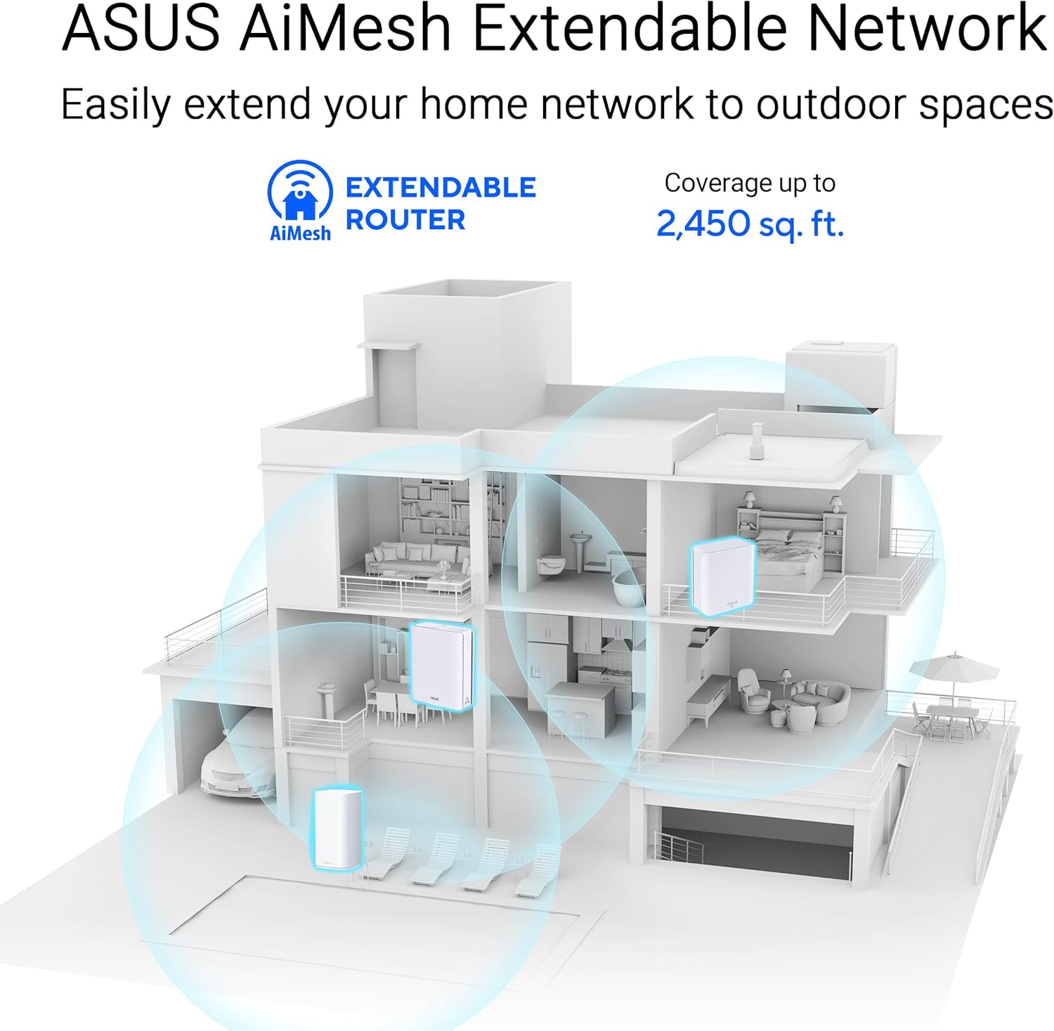 ASUS Zenwifi BD4 Outdoor Dual-Band Wifi 7 Mesh, 3600 Mbps, 2450 Sq. Ft., Dual 2.5G Ports, IP65, Poe Powered, Wall and Pole Mount, Security and Parental Controls Included, Smart Home Master Ssids image number 3