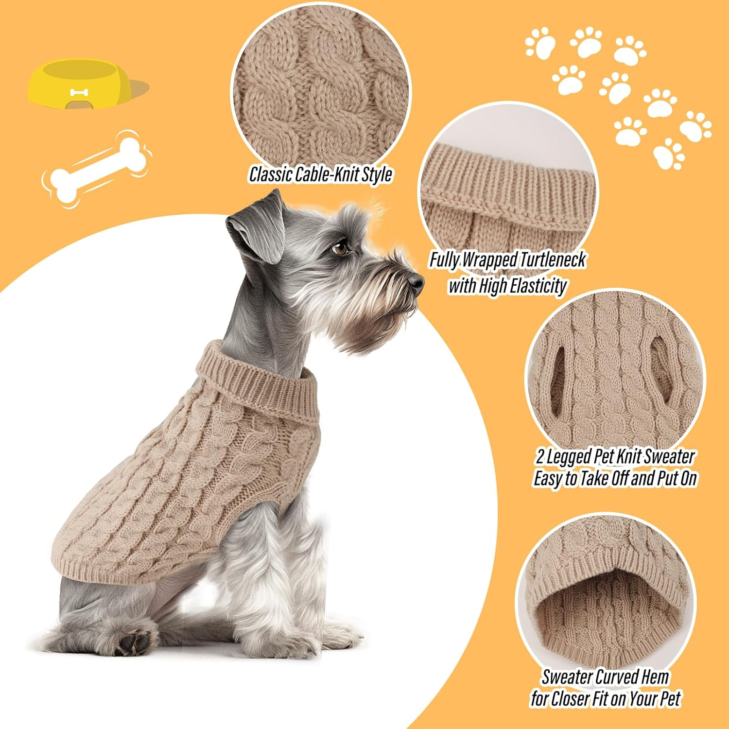 Fiohiros Dog Sweater Knitted Turtleneck, Warm Winter Dog Jumpers Cute, Dog Coat Apparel Puppy Twist Striped Vest Dog Clothes for Dog Cat (Beige+Black, S) image number 3