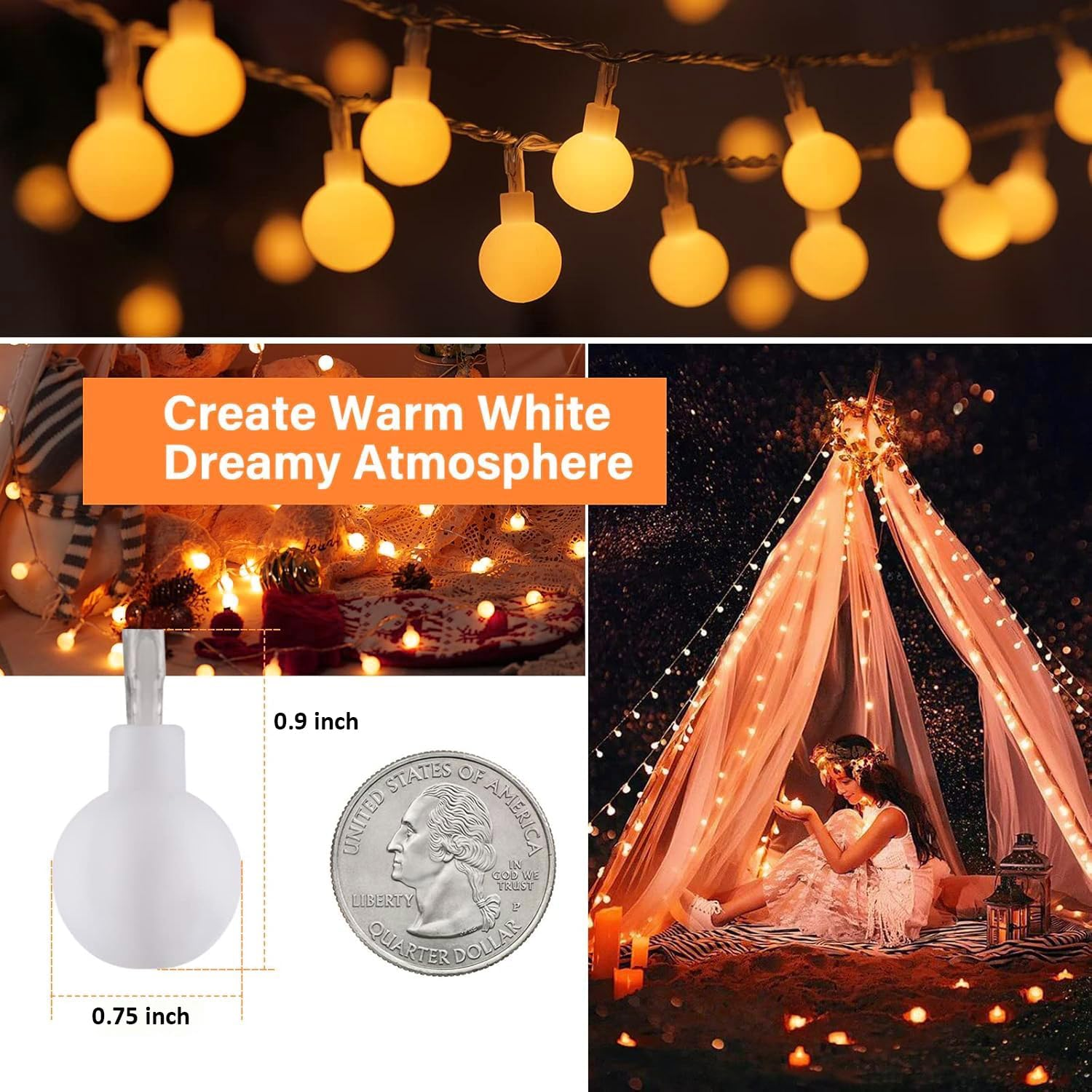 Globe String Lights, 33 Feet 80 Led Fairy Lights USB Plug In, 8 Modes Mini Globe Light for Indoor Outdoor Bedroom Party Wedding Garden Christmas Tree Decor (Yellow) image number 6