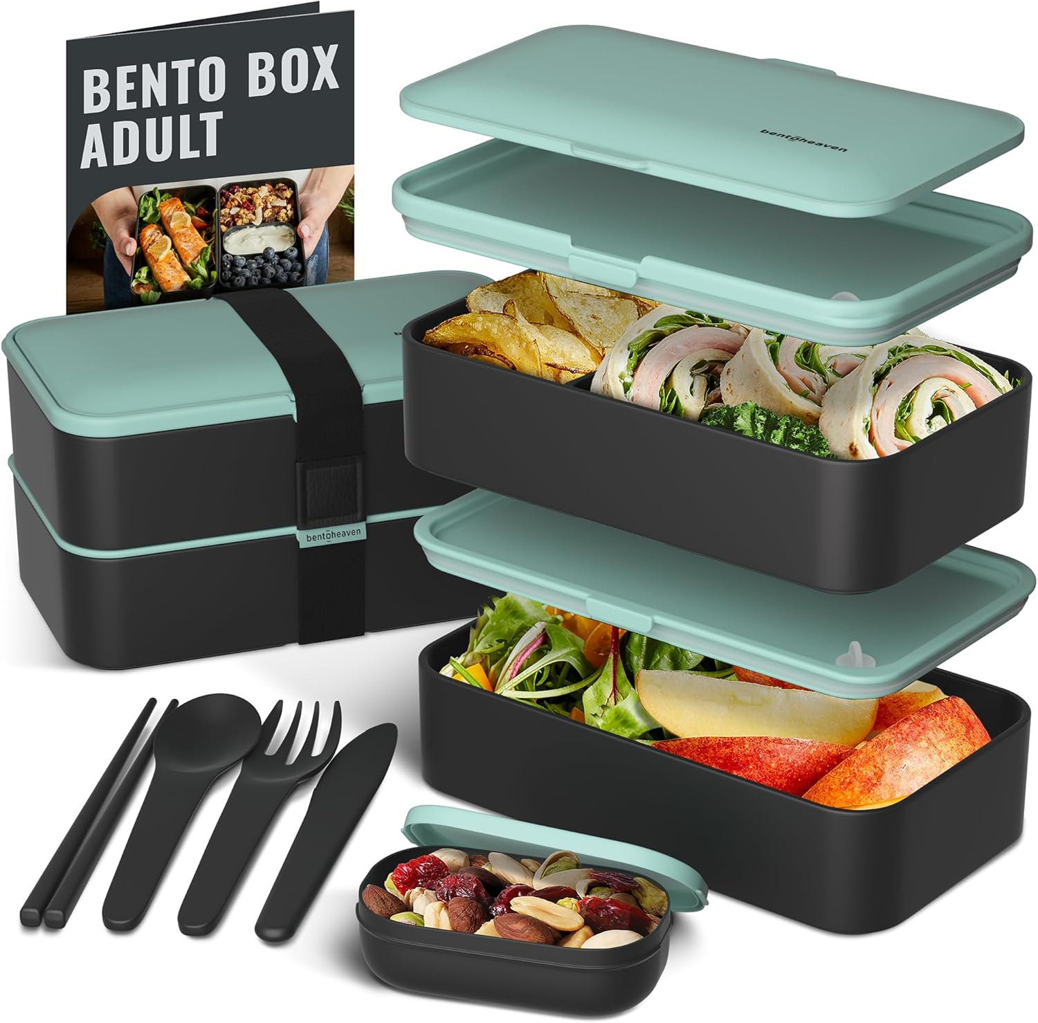 Bentoheaven Premium Bento Box Adult Lunch Box with 2 Compartments (1200Ml), Cutlery & Set of Chopsticks, Large Dip Container, Cute Black Japanese Bento Box, Rectangle, Microwavable (Bright Light)