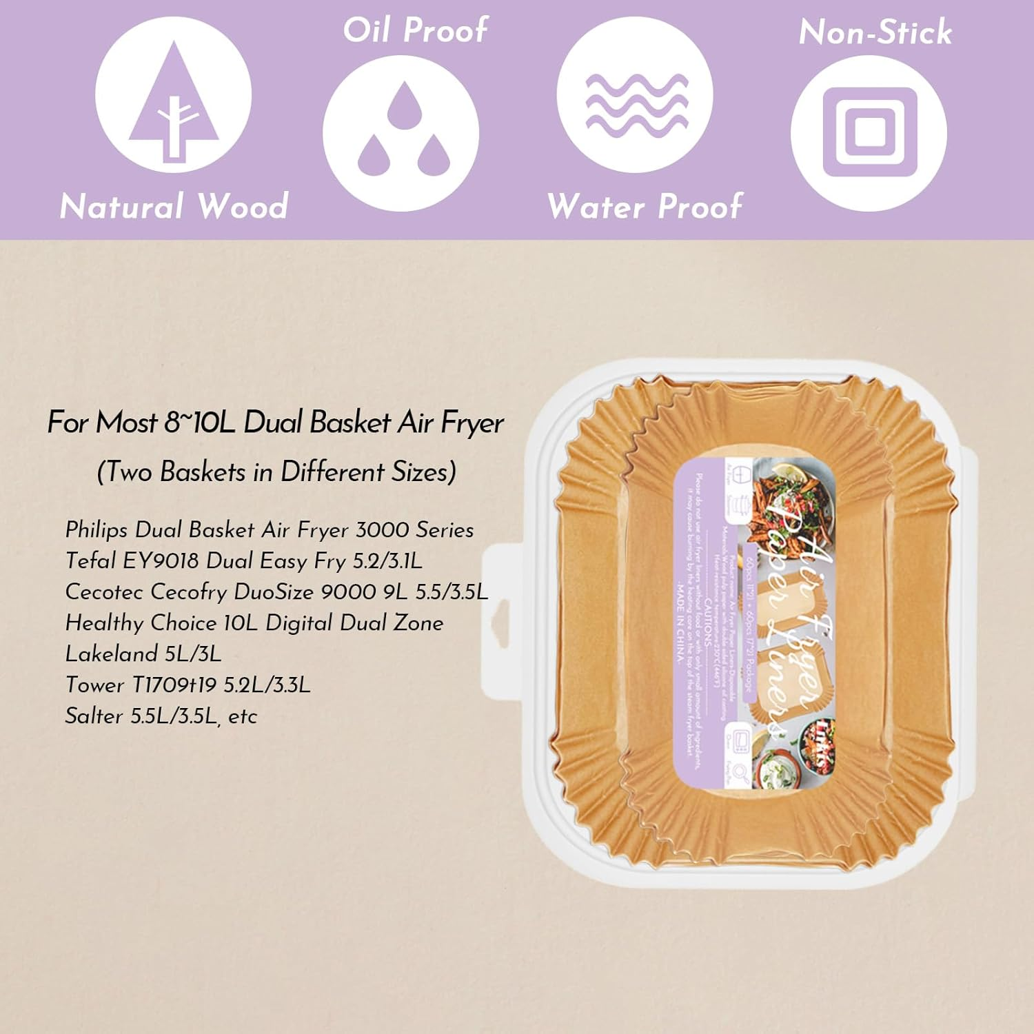Air Fryer Liners, 60+60 Pcs Disposable Parchment Paper Liners for Philips Air Fryer 3000 Series Dual Basket image number 2