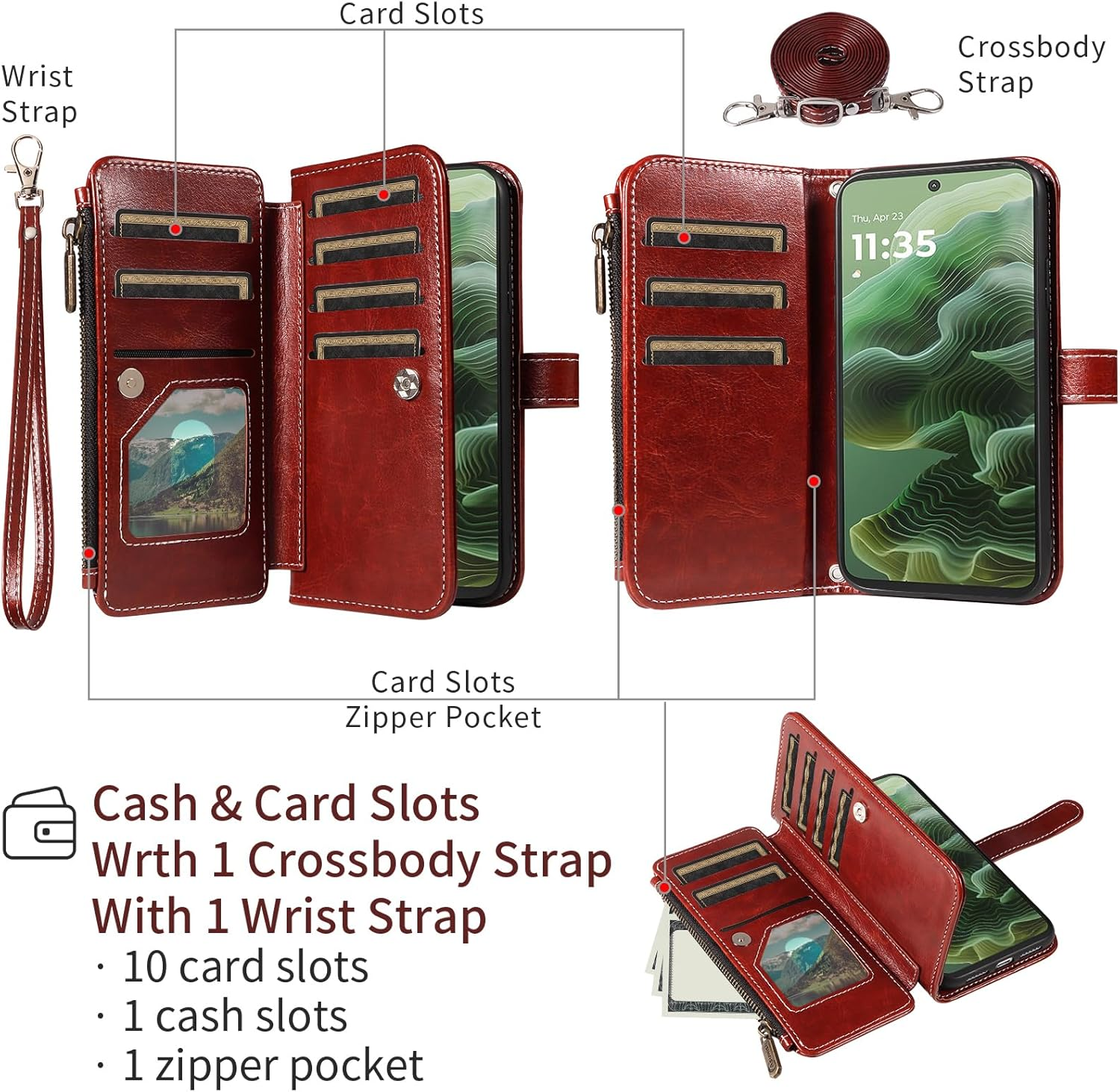 Asuwish Mobile Phone Case for Motorola Moto G35 5G Case with Strap Film Screen Protector Card Slot Foldable Leather Wallet Stand Motog35 G 35 Mobile Phone Cases Protective Zip Wallet Phone Case Brown image number 2