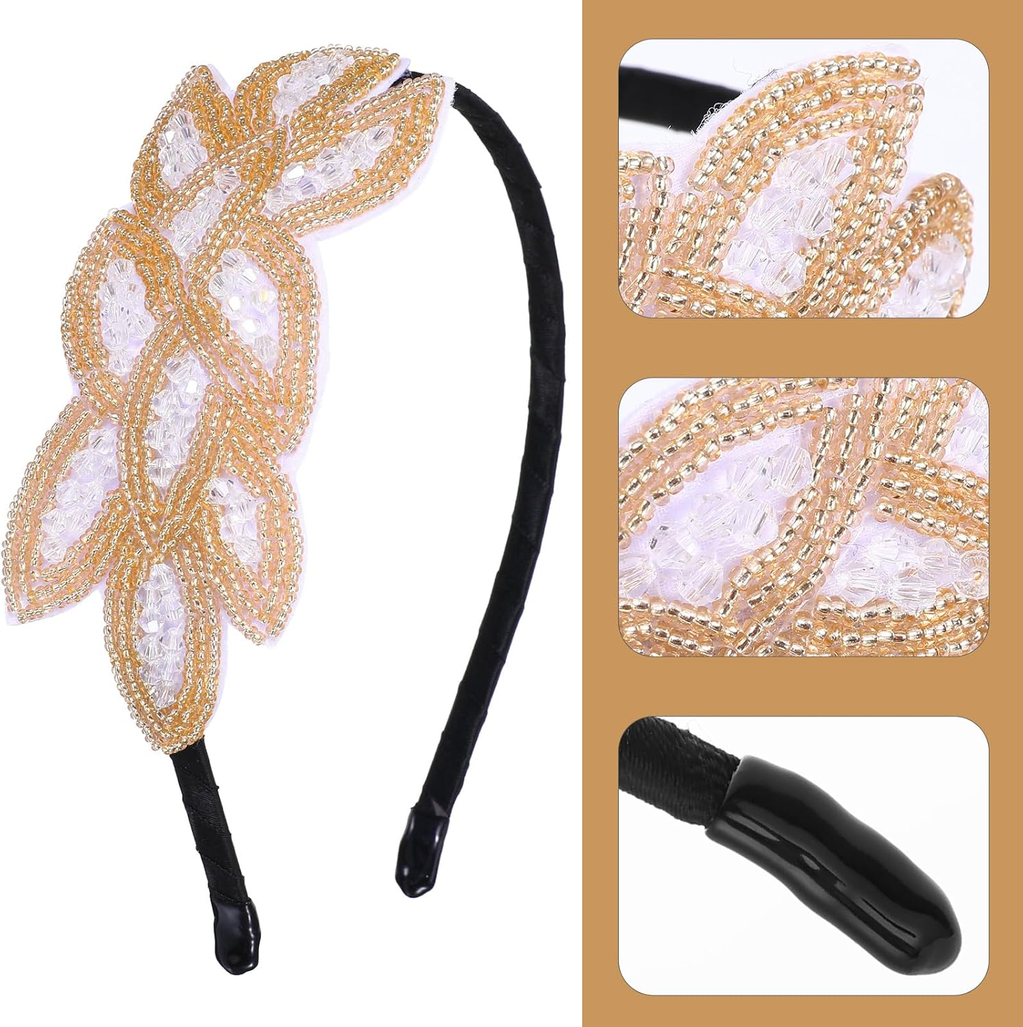1920S Headbands for Women Head Bands Accessories Crystal Bridal Wedding Black Headpiece 20S Rhinestone Flapper Vintage Hair Valentines Accessory for Girls Costume Prom Party Art Deco (White Gold) image number 3
