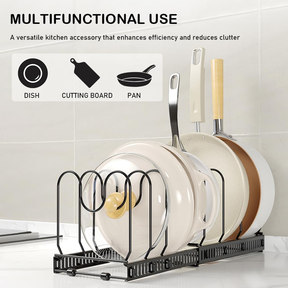 Pot and Pan Organizer for Cabinet with 10 Adjustable Compartments, Expandable Pot Racks, Pot Lid Organizer, Pan Holder Storage Rack for Kitchen Cabinet(Black)