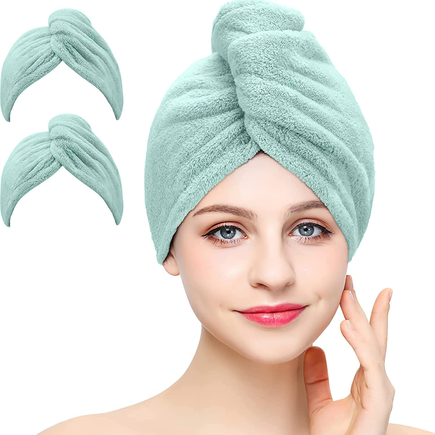 2 Pack Microfiber Hair Towel Wrap AUMA Super Absorbent Twist Turban for Women Fast Drying Hair Caps with Buttons for Drying Curly, Long & Thick Hair anti Frizz (Pink)