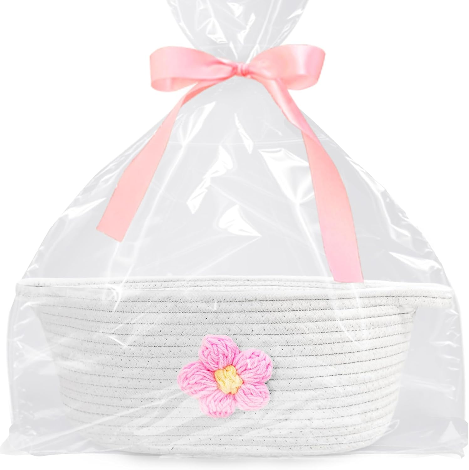 Esme L&H Small Woven Basket for Gifts Empty with Bag and Ribbon, Cute Yarn Flower Design Empty Baskets for Gift, Small Cotton Rope Organizer Bin for Various Storage Usage, 12"X9"X6" image number 1