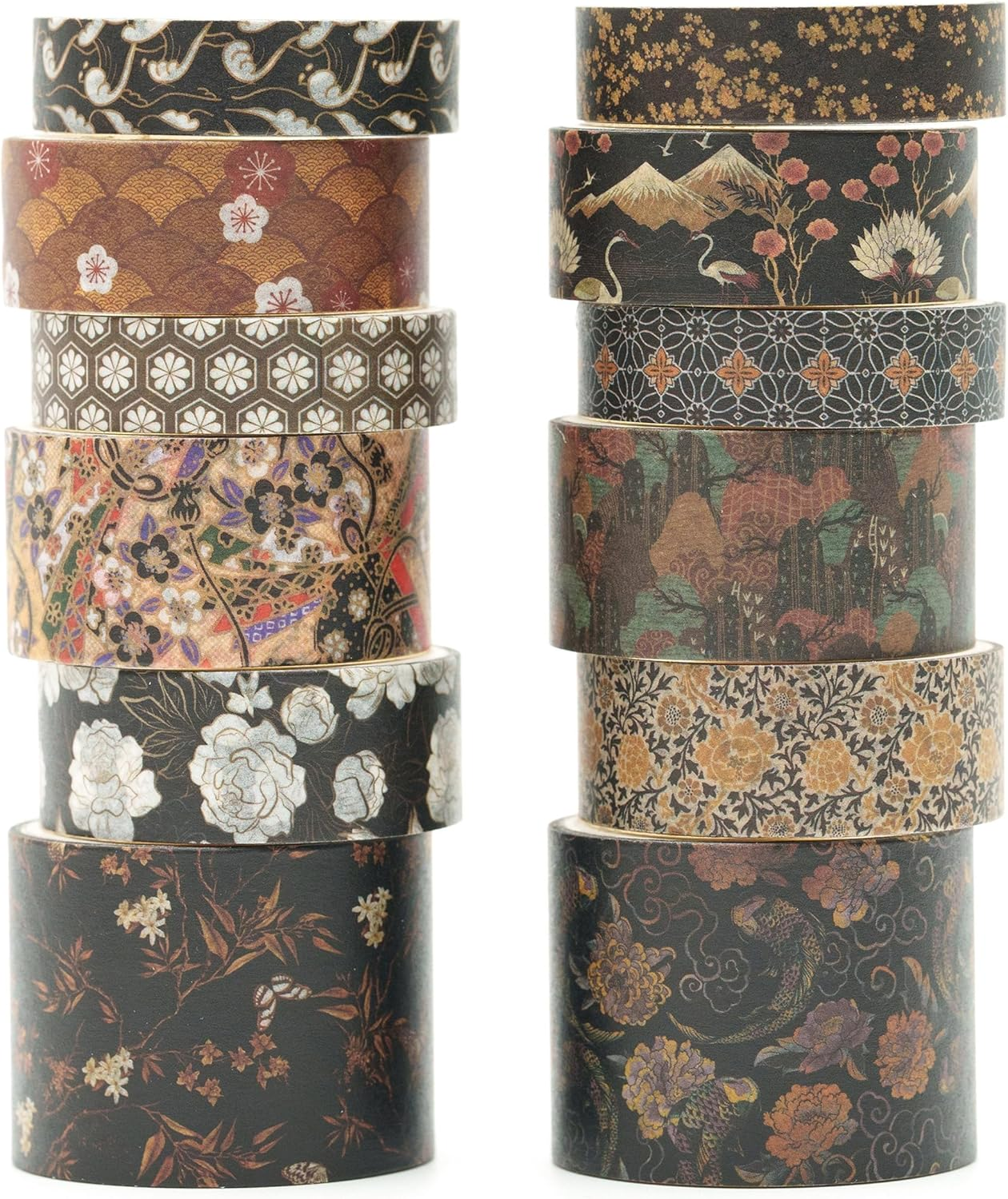 KAVI' S 12 Rolls Kyoto Charm Washi Tape Set Japanese Arts Adhesive Tapes Geometric Garden Decorative Masking Tape Sets for Craft, Kids, Scrapbook, DIY, Gift Wrapping (Black Elegance)