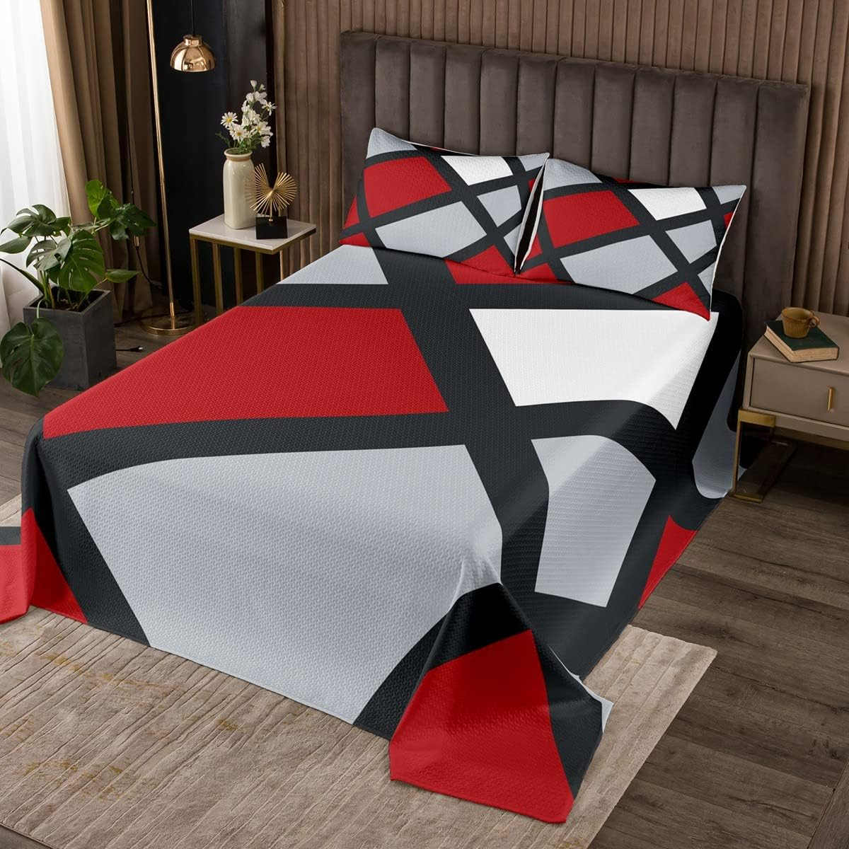 Red Grey Black Plaid Bedspread Quilt, 3D Abstract Geometric Bed Linen for All Season Bedroom, Black Stripes Lines 240 X 220 Cm Duvet Set with 2 Pillowcases for Boys Girls image number 6
