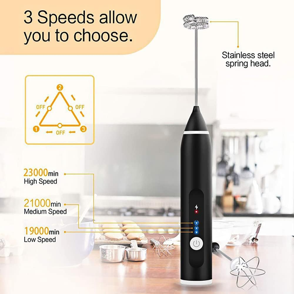 Milk Frother, Handheld Electric Frother 3 Speeds Foam Maker Drink Mixer Egg Beater,Usb Rechargeable Drink Mixer Foam Maker with 2 Stainless Steel Whisks for Latte, Cappuccino, Coffee, Hot Chocolate, Double Whisk for Foam Making Cream, Frappe, Matcha