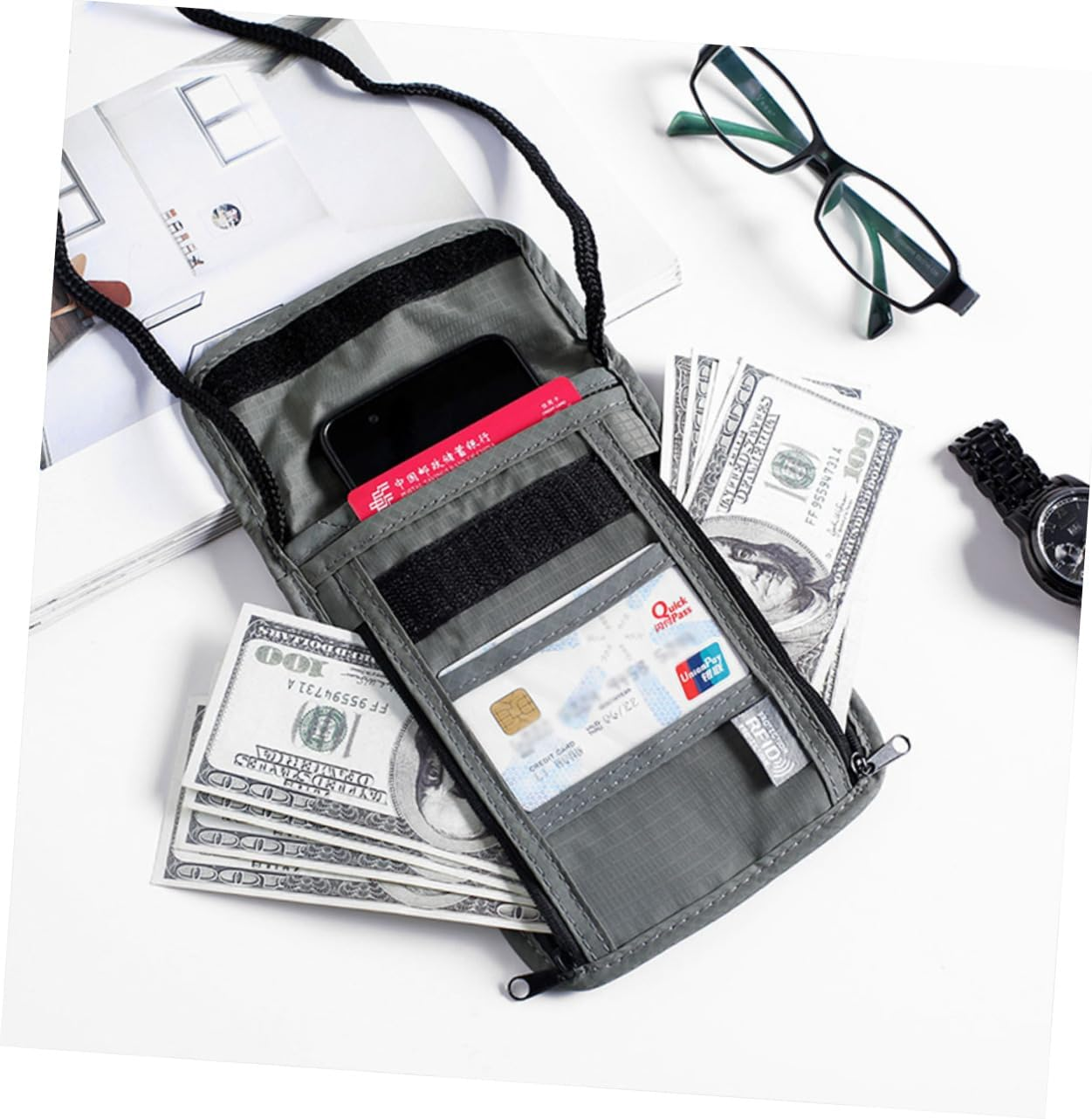 Travel Passport Holder Multi Function Wallet for Neck Hanging Credit Cards and Documents Grey for Travel and Daily Use image number 4