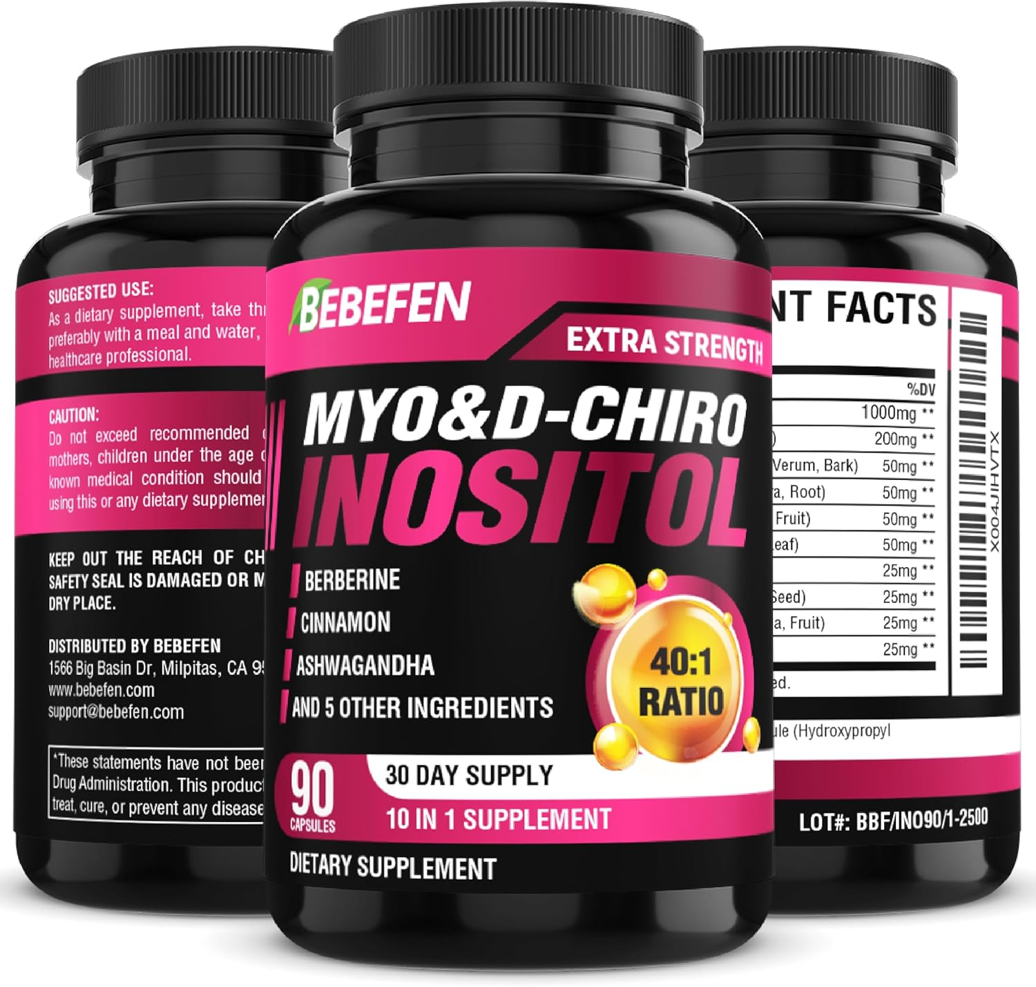BEBEFEN Inositol Supplement - Myo-Inositol and D-Chiro Inositol Ideal 40:1 Ratio - plus Berberine, Cinnamon, Ashwagandha + 5 More - 90 Capsules image number 2
