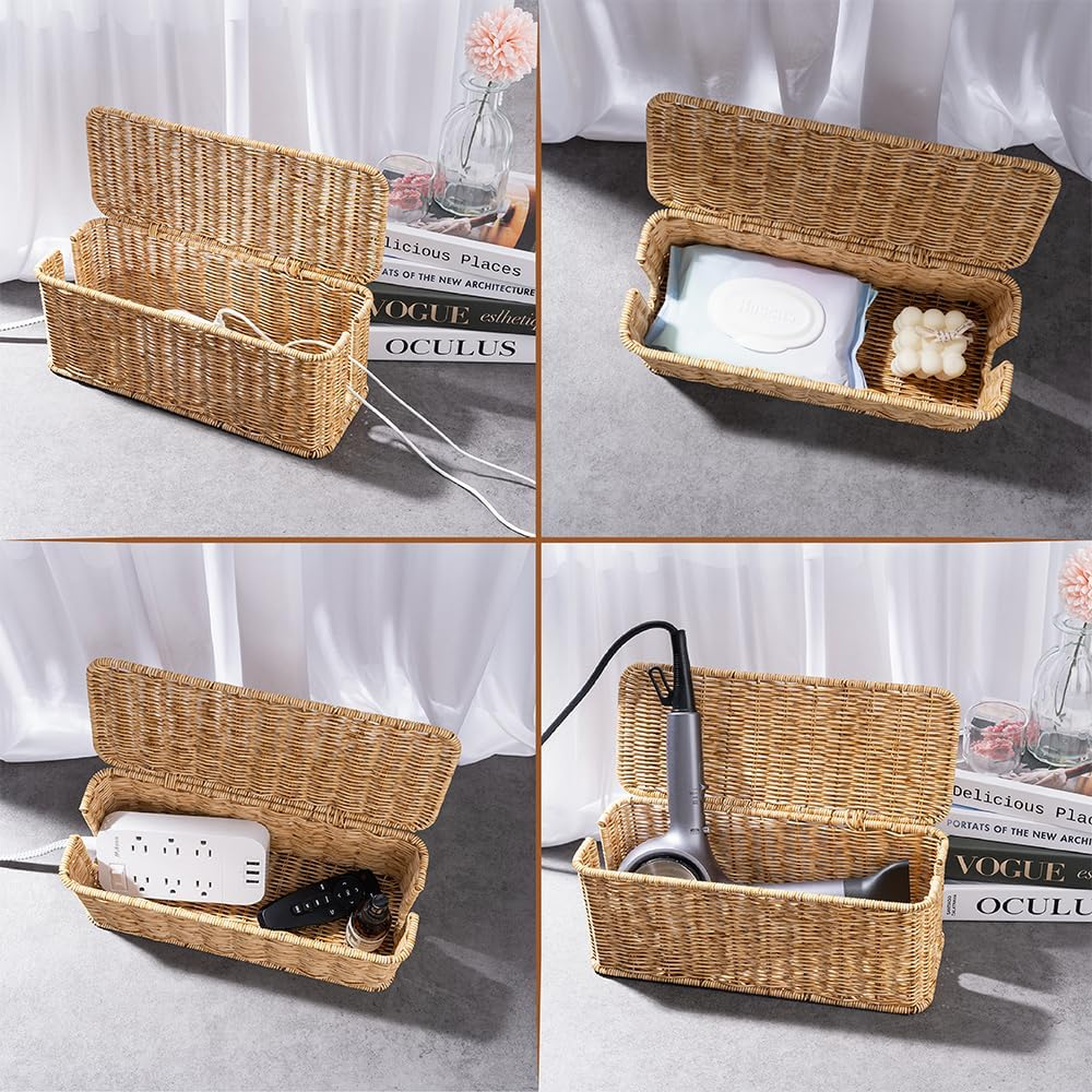 Cable Management Box, Handmade Rattan Cable Organizer, 2 Open Slots Cords Hider Box, under Desk Cord Organizer for Computer Router USB Hub & Power Strip, Patent Pending, 13" X 5.1" X 5.1", Natural image number 6