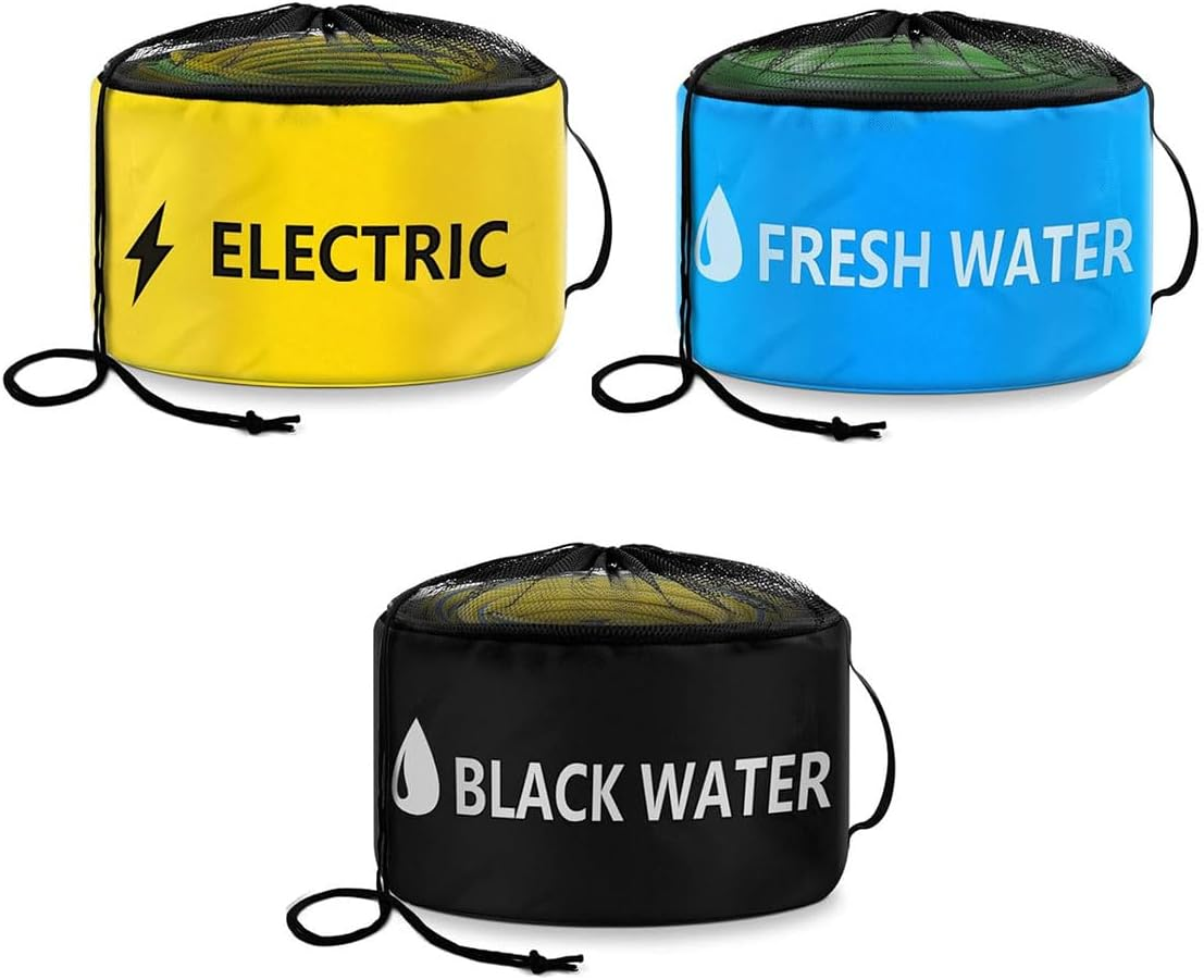 AIMALL RV Waterproof Hose Storage Bag Set 9.45X17.7 Inch Foldable PU Organiser Pouch with Oxford Lining for Water Sewer Power Cables &ndash; Yellow Blue Black Options image number 1