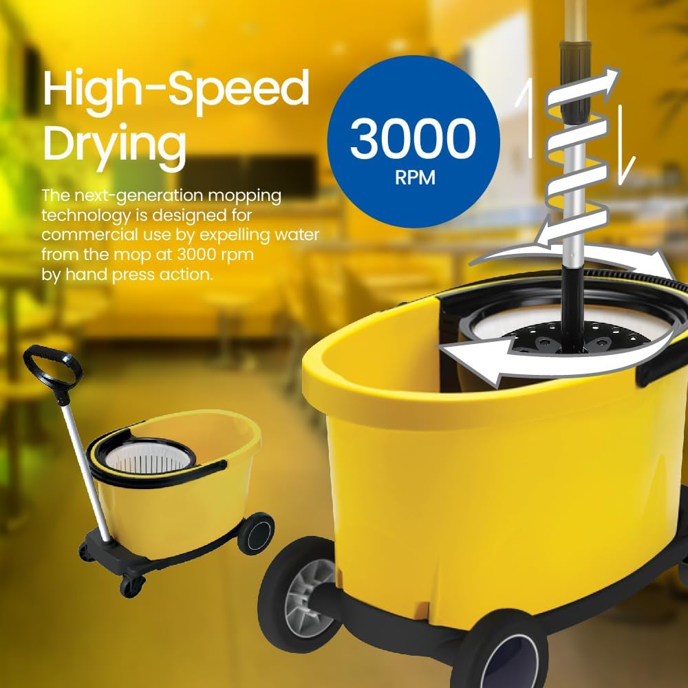 White Magic Professional Spin Mop Set &ndash; Designed for Commercial Use with 3000 RPM Spin, Easy Hand Press Action, and 4X More Absorbent Microfibre. Bucket 60X37X31Cm, Trolley 72X36X86Cm