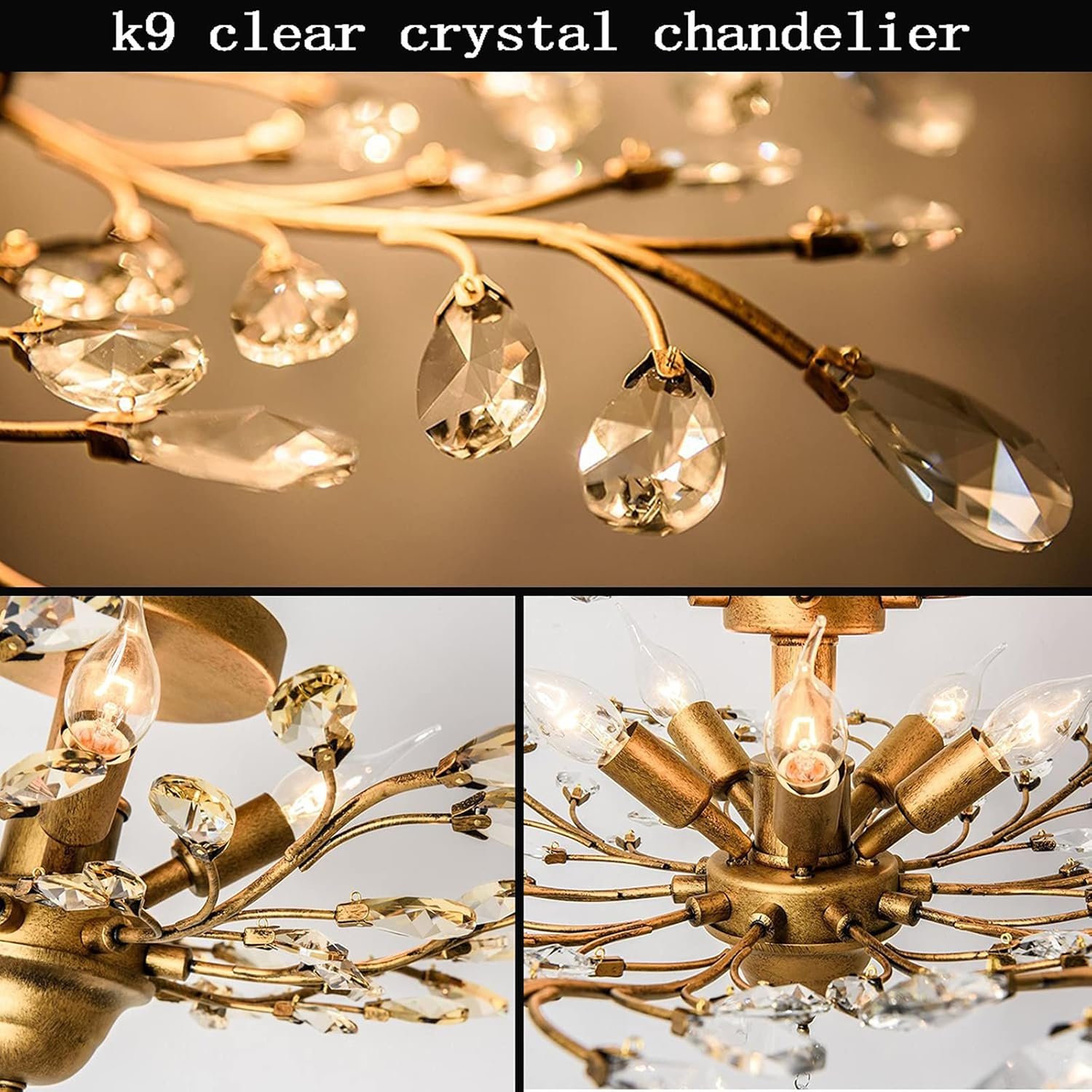 Ganeed Crystal Chandeliers,K9 Crystal Ceiling Light, Vintage Light Fixtures Pendant Lighting for Living Room Bedroom Restaurant Porch Chandelier(4-Light,Golden) - Gold/3 Light image number 6