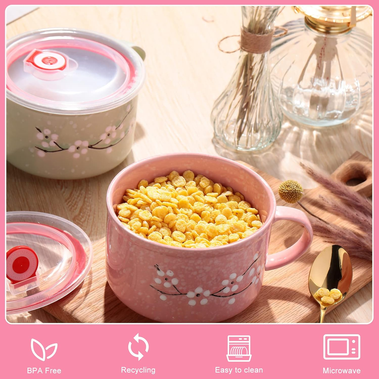 SEEWEY 2 Pcs Floral Ceramic Bowl with Lid and Handle 30 Oz Soup Bowls Heat Preservation Instant Noodles Mug Soup Cup Microwavable Bowls for Ramen Noodle Cereal Travel image number 4