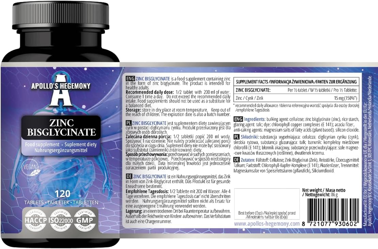 Zinc Bisglycinate 15 Mg per Portion - 120 Vegan Tablets - 240 Portion per Package - Zinc Chelate Supplement to Support Immunity and Skin Health - by Apollo'S Hegemony image number 2