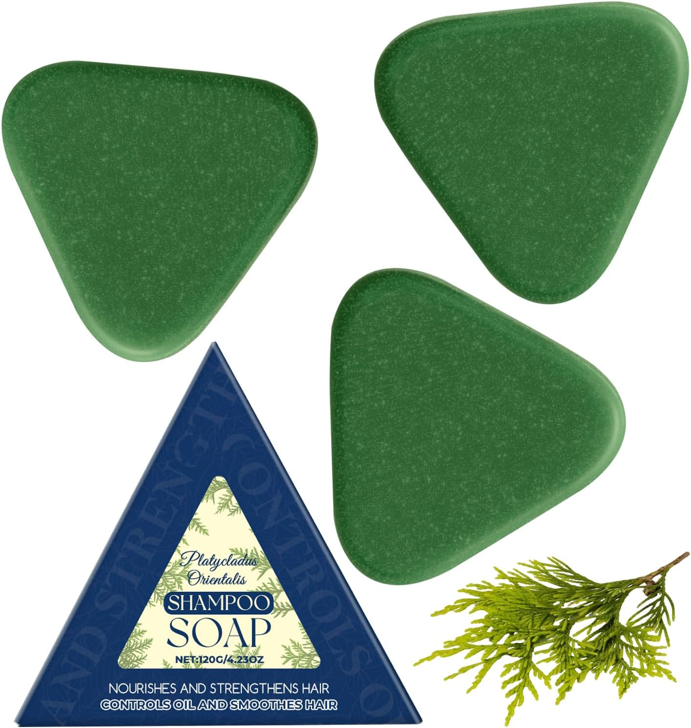 Nature Triangleted Shampoo Bar, Platycladus Orientalis Shampoo Soap, Hair Soap, Strengthens Smooths Hair, Suitable for All Hair Types for Women and Mens (2Pcs)