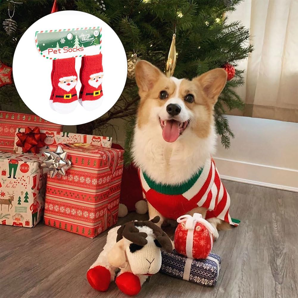 Christmas Non-Slip Socks for Dogs Christmas Socks for Medium Puppies Cats Indoor Non-Slip Dog Socks Santa Soft Elastic Paw Protection Pets Keep Warm, M, Pack of 4 image number 3
