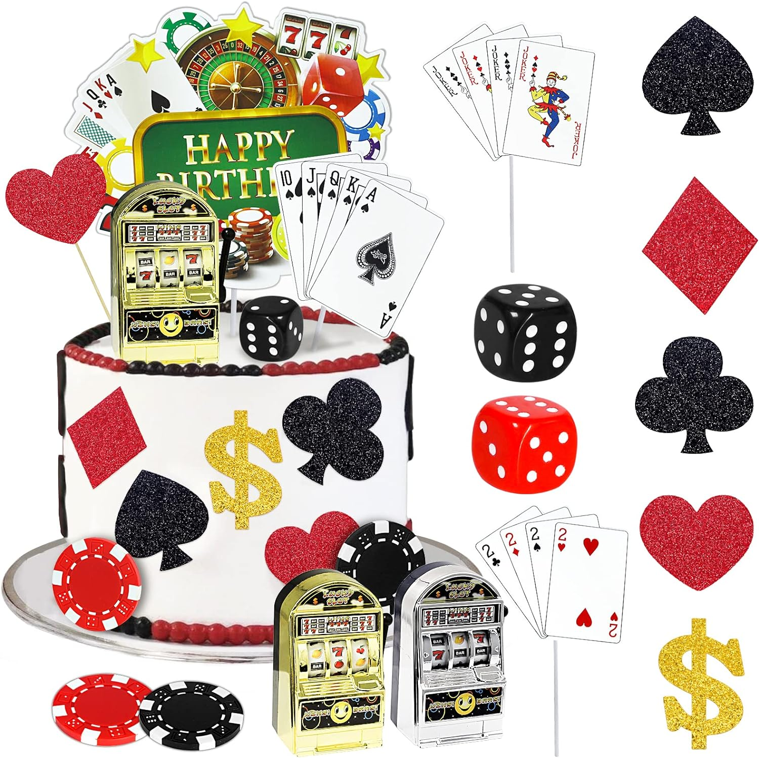 Morofme 21 PCS Casino Cake Decorations with Slot Machine Toy Cake Toppers Poker Cupcake Topper Casino Happy Birthday Cake Topper Poker Chips Dices Dollar Sign Las Vegas Themed Birthday Party Supplies image number 5