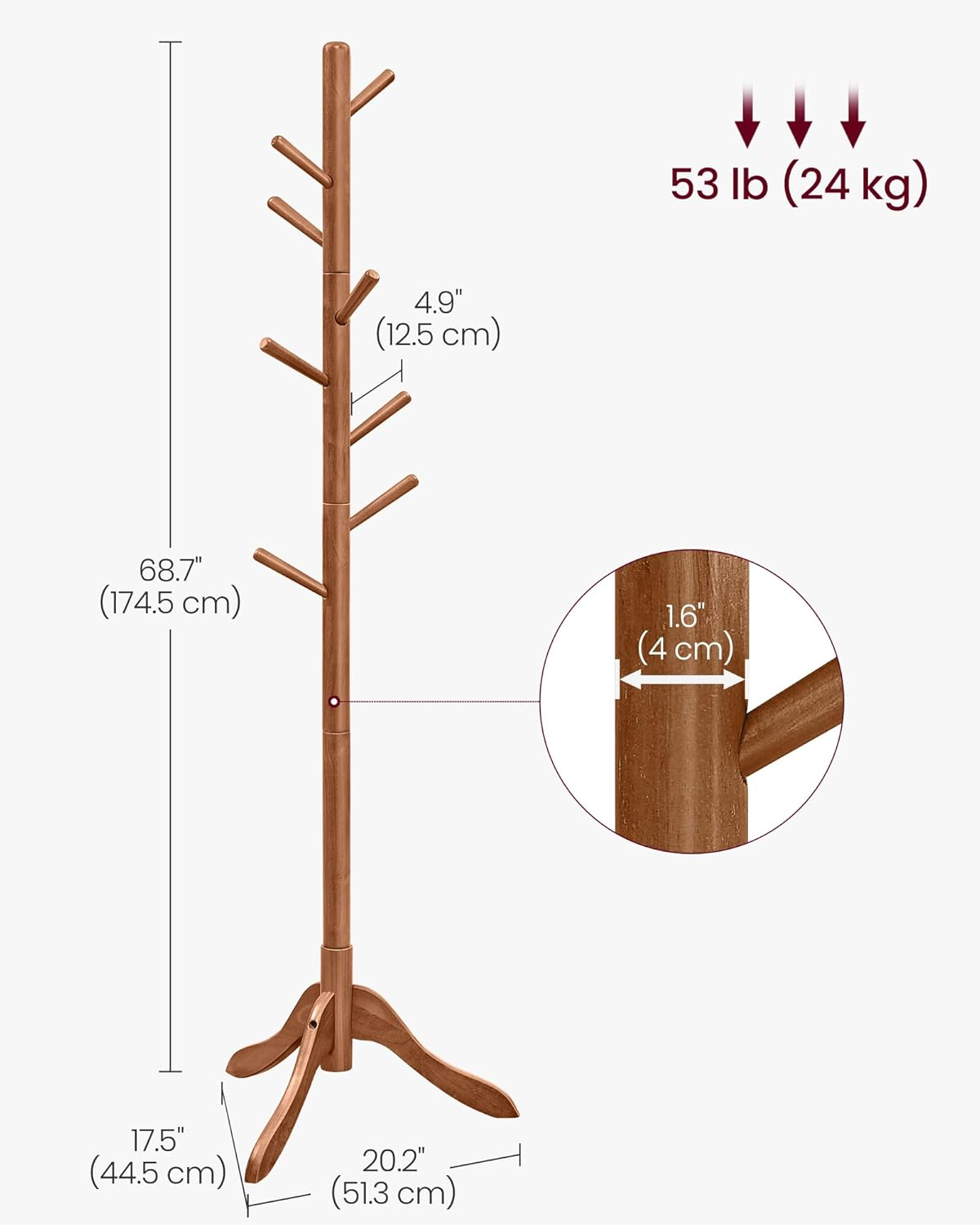 VASAGLE Solid Wood Coat Rack, Free Standing Tree-Shaped Coat Rack with 8 Hooks, 3 Height Options, for Clothes, Hats, Bags, Living Room, Bedroom, Home Office, Caramel Brown URCR01WN image number 3