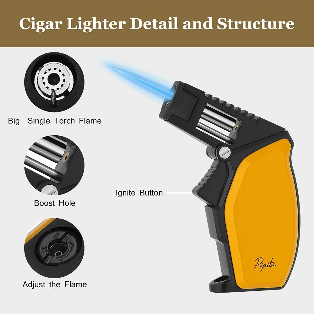 PIPITA Windproof Torch Lighter, Adjustable Big Single Blue Flame Torch Firelighters Refillable Butane Gas Lighter (Butane Not Included) (Yellow) image number 2