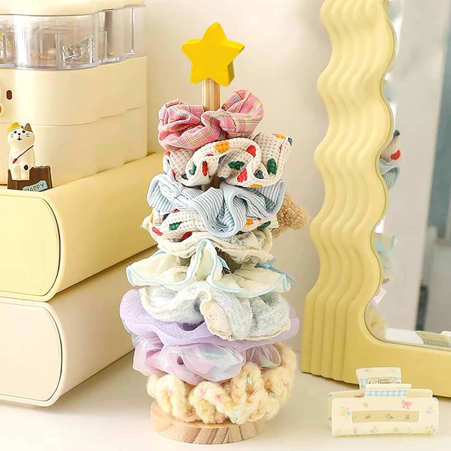 2 Pcs Scrunchie Holder Stand Hair Tie Organizer Hair Accessories Organizer Vertical 15-20 Scrunchies Holder Space-Saving Jewelry Scrunchy Holder for Girls Women, Bathroom Bedroom Decor (Yellow) image number 4