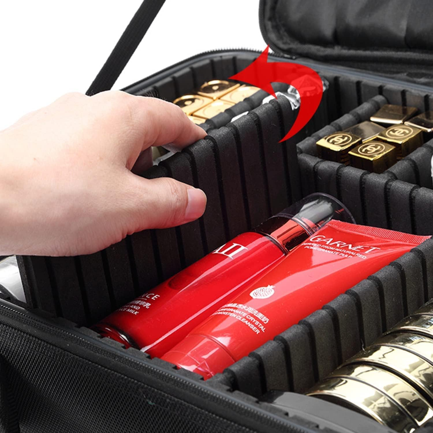 Makeup Bag, Large Makeup Case Makeup Organisers Travel Makeup Bag, Professional Cosmetic Bag Artists Case Brush Holder with Brush Slots Adjustable Divider Waterproof Material (XL, Black) image number 5