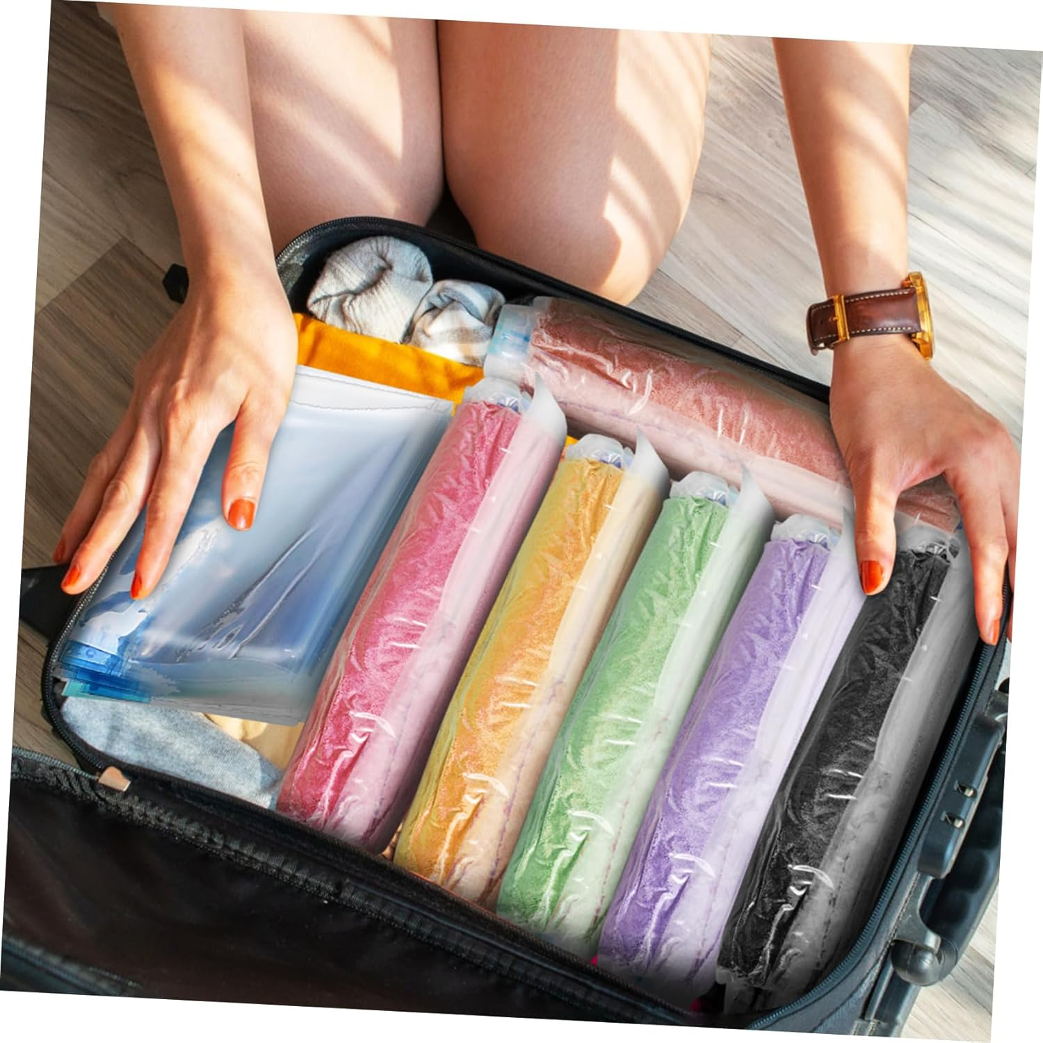 CAXUSD 12Pcs Travel Toiletries Products Compression Packing Cubes Vacuum Bags for Travel Portable and Convenient Camping Hiking image number 6